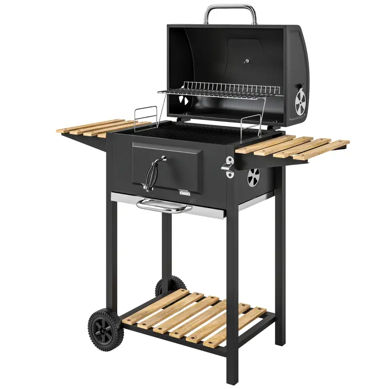 Barbecue charbon acier pour jardin chariot fumoir avec thermomètre 112x58x107cm noir