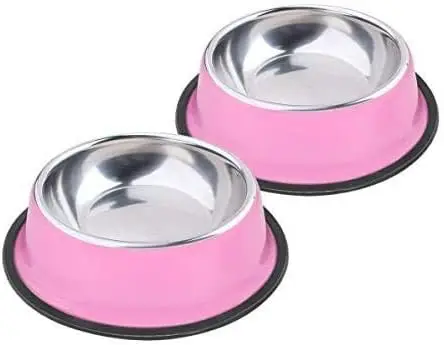 Lot de 2 Gamelle en Acier Inoxydable avec Base en Caoutchouc Antidérapant pour Les Petits Chien et Chat rose Vendos85