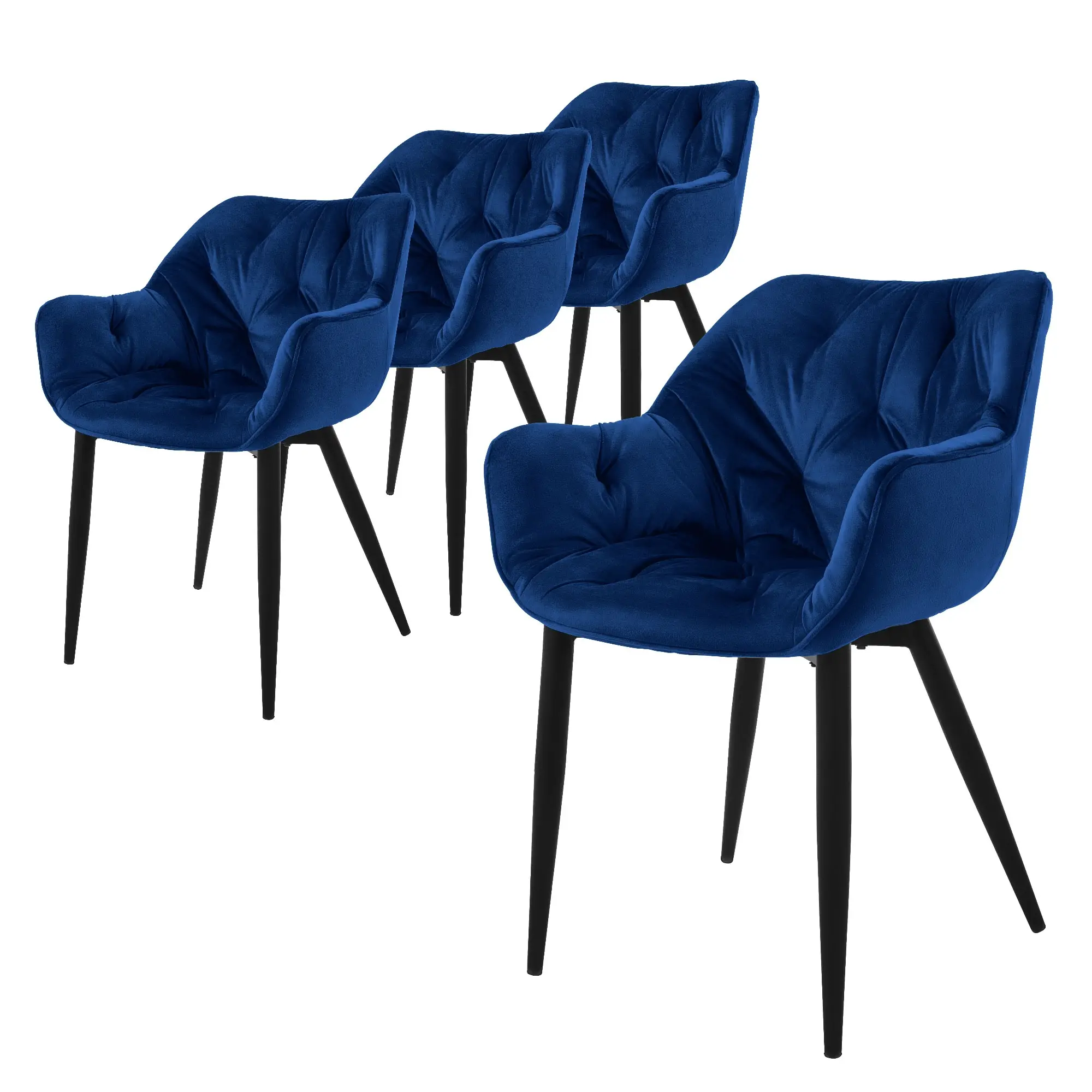 Lot de 4 chaises de salle à manger bleu foncé dossier et accoudoirs ergonomiques revêtement en velours doux piètement noir en métal design moderne
