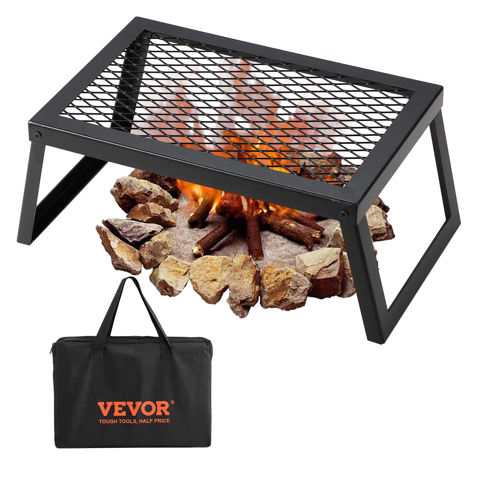 VEVOR Grille pliante 458x305mm, acier, charge 6kg, sac, feu camp, BBQ, pique