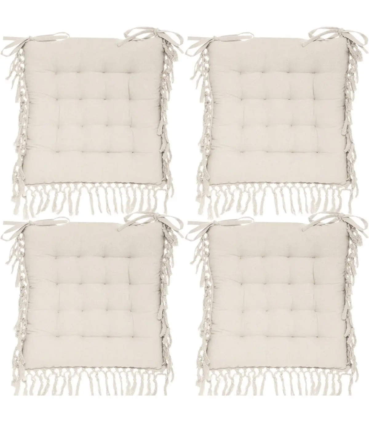 Lot de 4 Galettes de chaise en Coton Ivoire avec franges macramé 40 x 40 cm