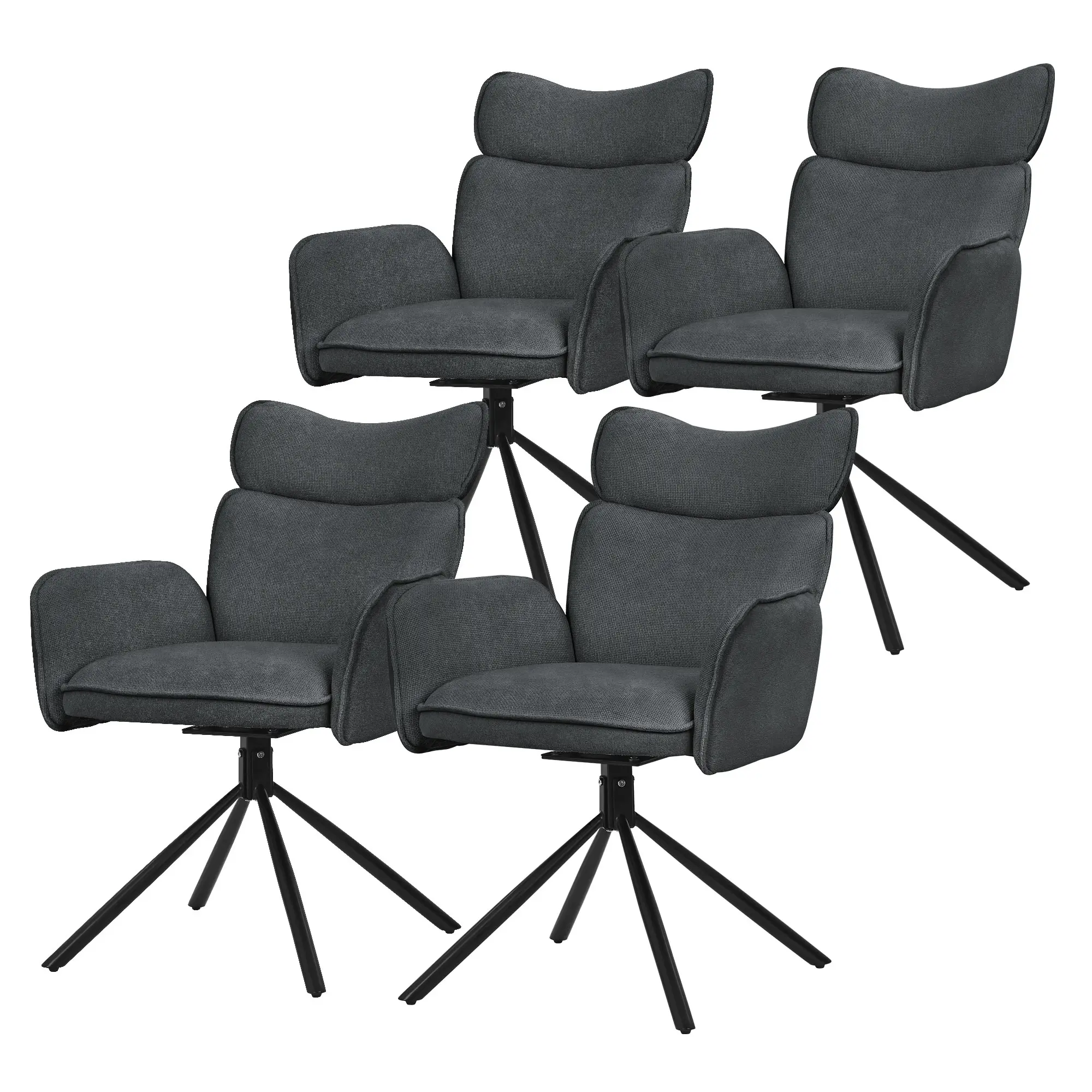 Lot de 4 chaises pivotantes en tissu anthracite avec accoudoirs et dossier ergonomique fauteuils à rotation pieds en métal noir sièges salle à manger