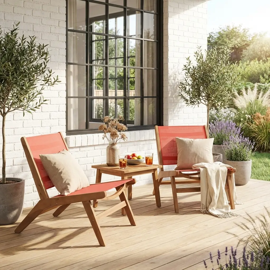 Lot de 2 fauteuils relax bois d’acacia et textilène terracotta – Madera | sweeek