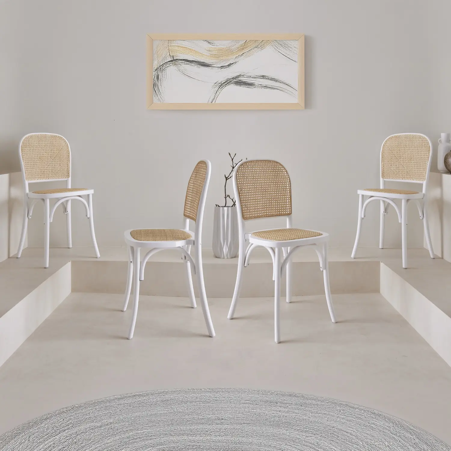 Lot de 4 chaises vintage en bois avec assise et dossier en rotin. coloris blanc. L 44.5 x P 48 x H 89.5cm | sweeek