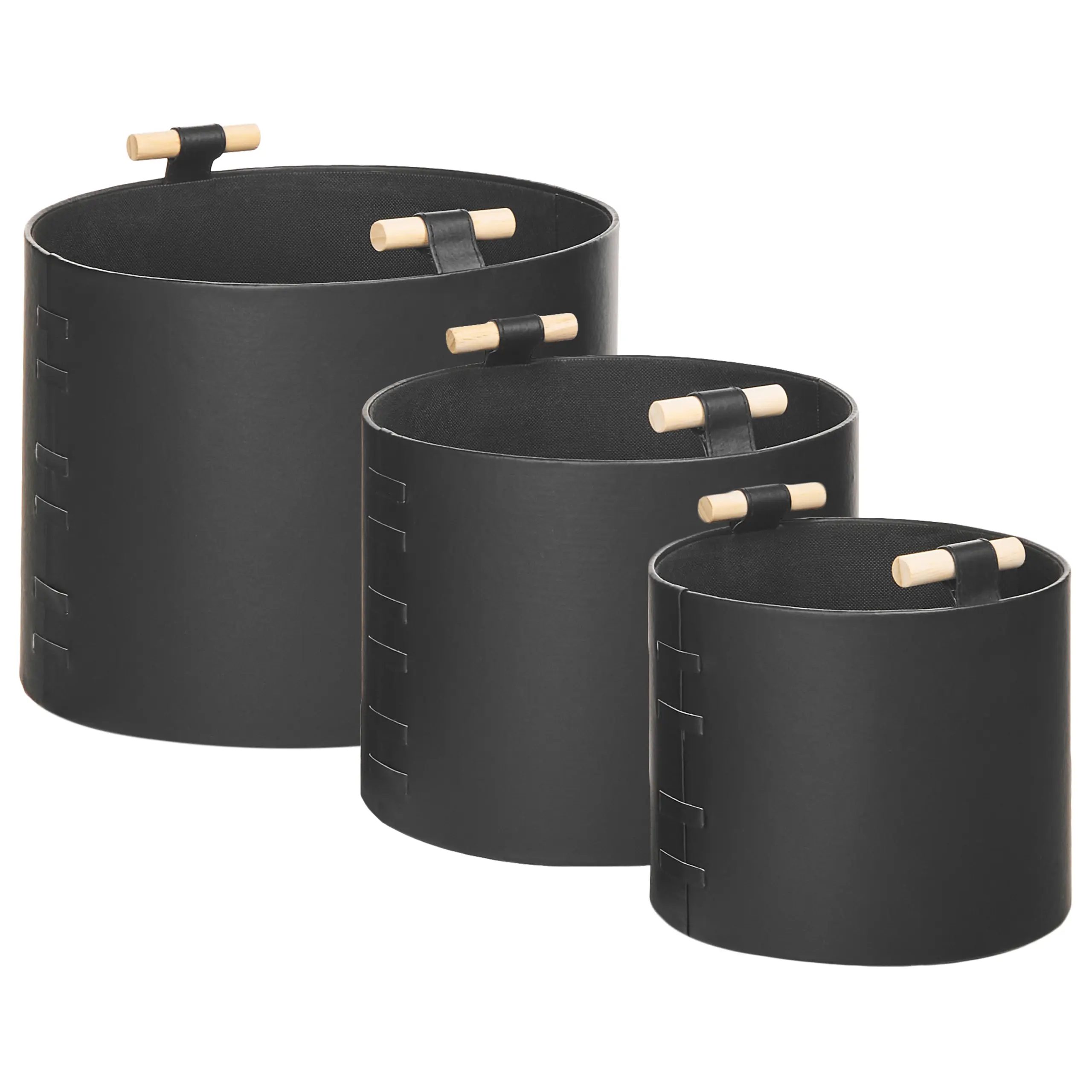 Lot de 3 paniers de Rangement Noir en Cuir PU Fait Main avec Poignées Boîte d’Etagère Style Moderne Minimaliste