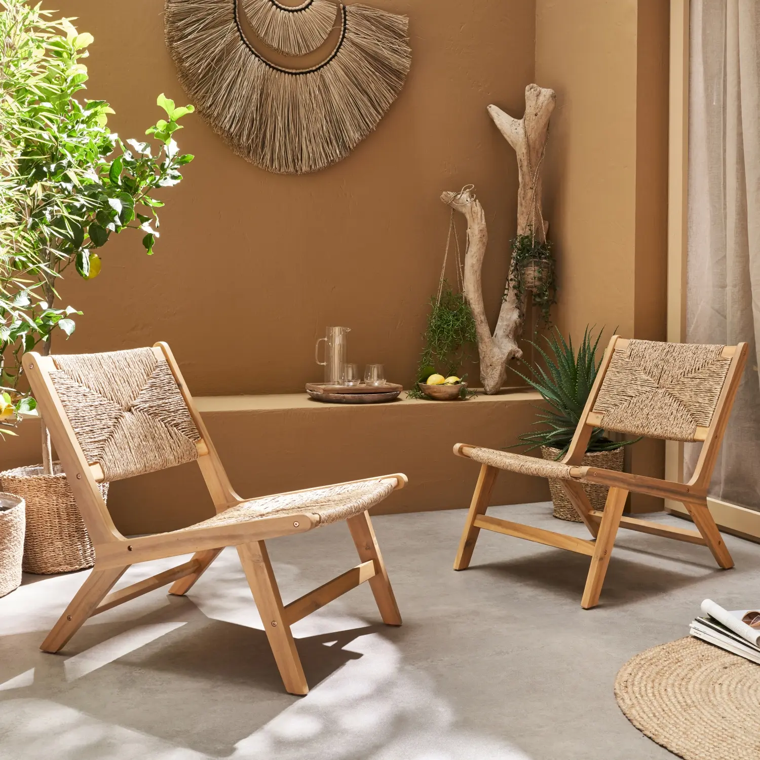 Lot de 2 fauteuils relax de jardin en bois et résine effet paille. intérieur / extérieur | sweeek