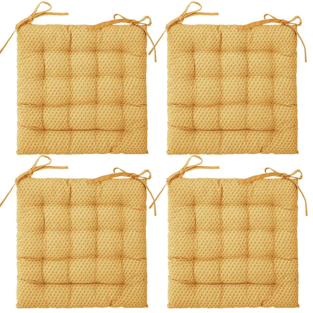 Lot de 4 Galettes de chaise en Coton Ocre motif géométrique 38 x 38 cm