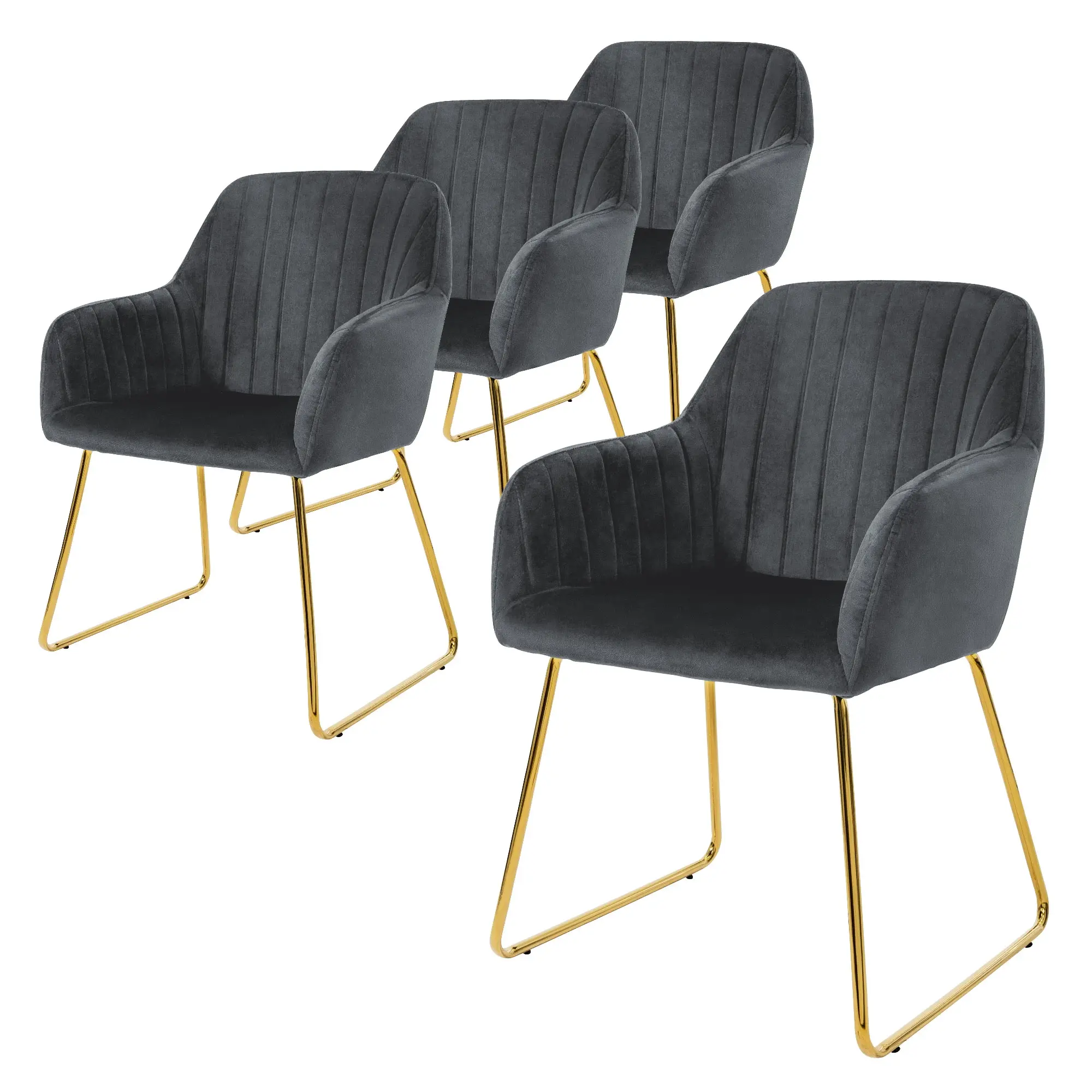 Lot de 4 chaises de salle à manger gris dossier et accoudoirs ergonomiques revêtement en velours respirant piètement doré en métal design élégant