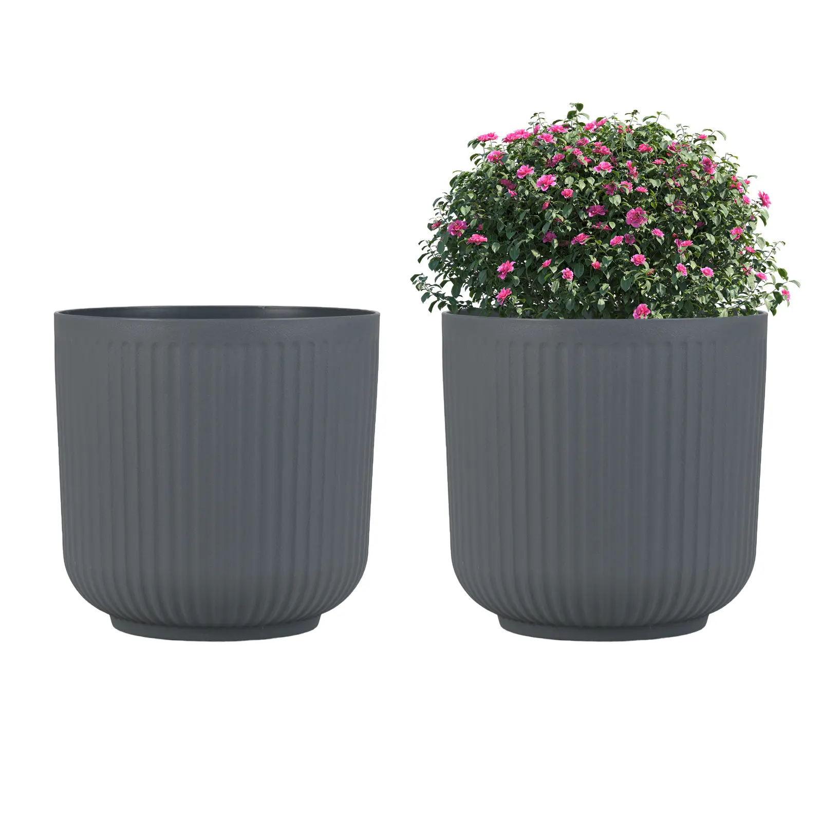 Lot de 2 Pots à Plantes Rondeas en Plastique 32 cm, Jardinières à Rayures avec Système de Drainage en Option, Pots de Fleurs Décoratives, Gris