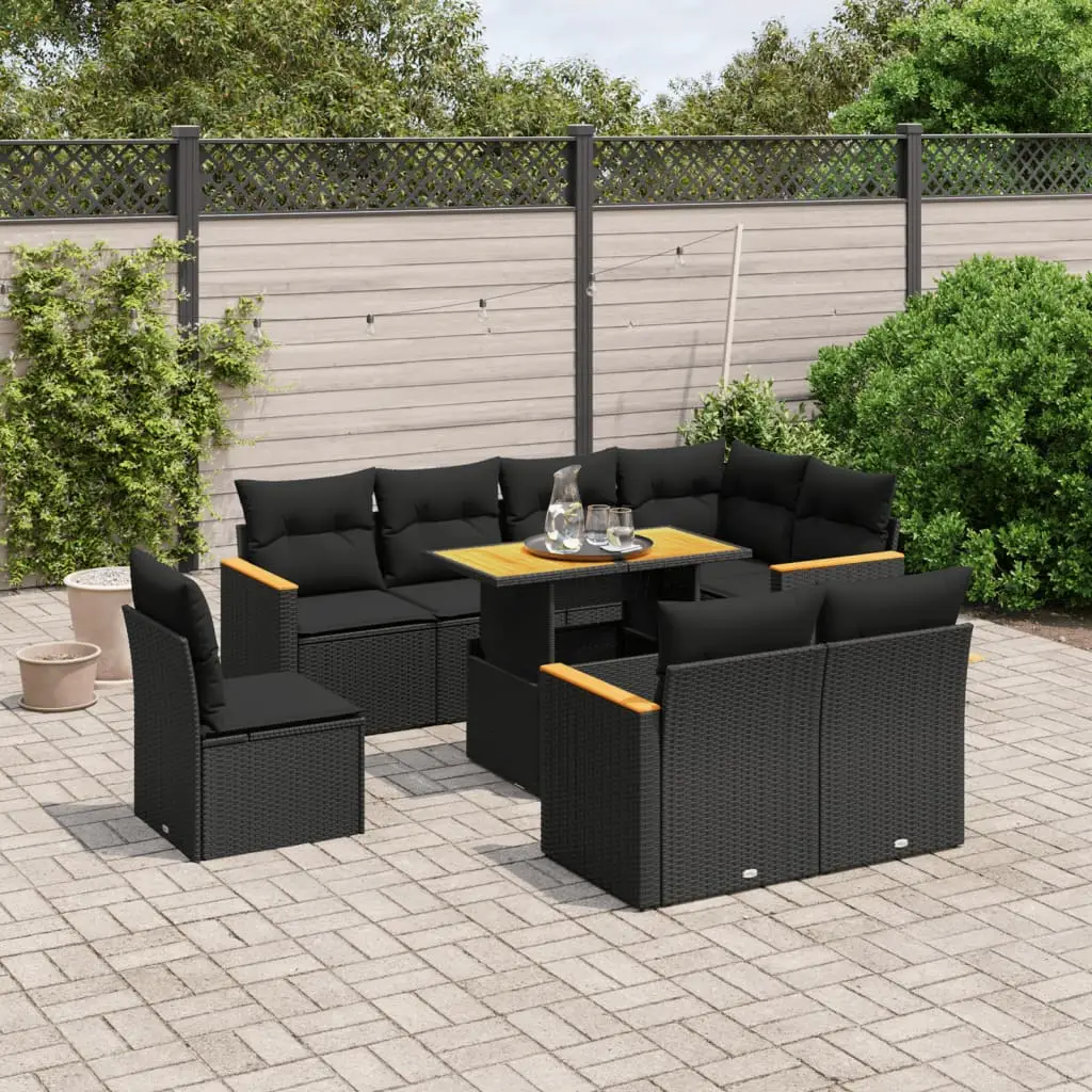 Grand salon de jardin 9 pcs résine tressée avec table à plateau relevable Noir – ComfortXL Outdoor Living