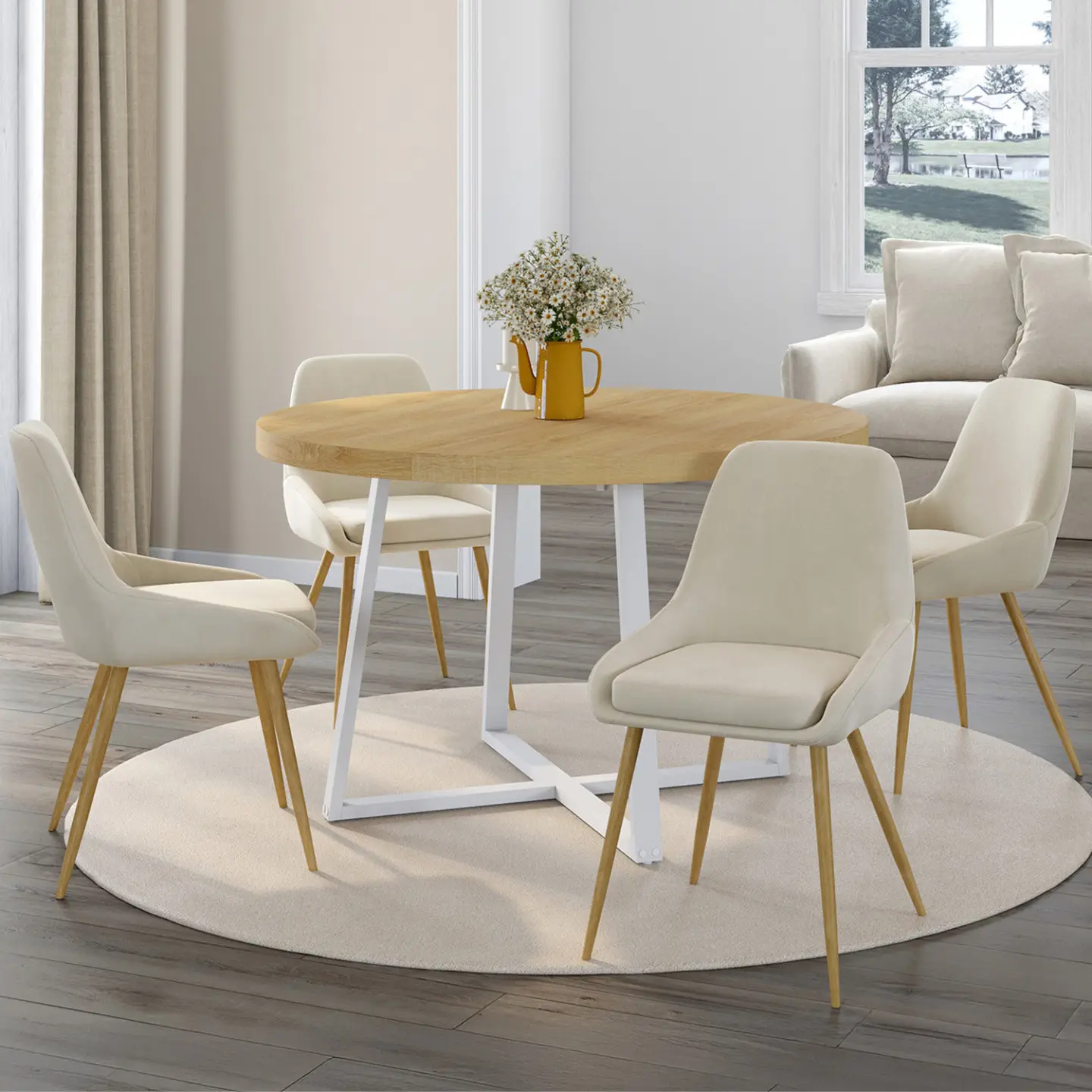 Lot de 4 chaises THALYA en velours beige et pieds effet bois avec accoudoirs