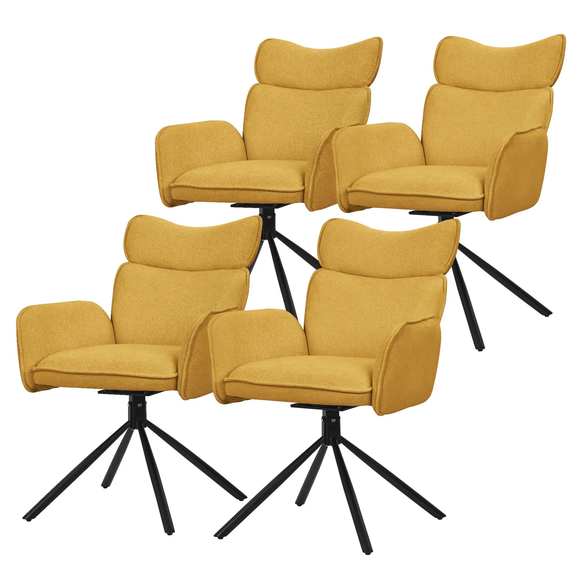 Lot de 4 chaises pivotantes en tissu moutarde avec accoudoirs et dossier ergonomique fauteuils à rotation pieds en métal noir sièges salle à manger
