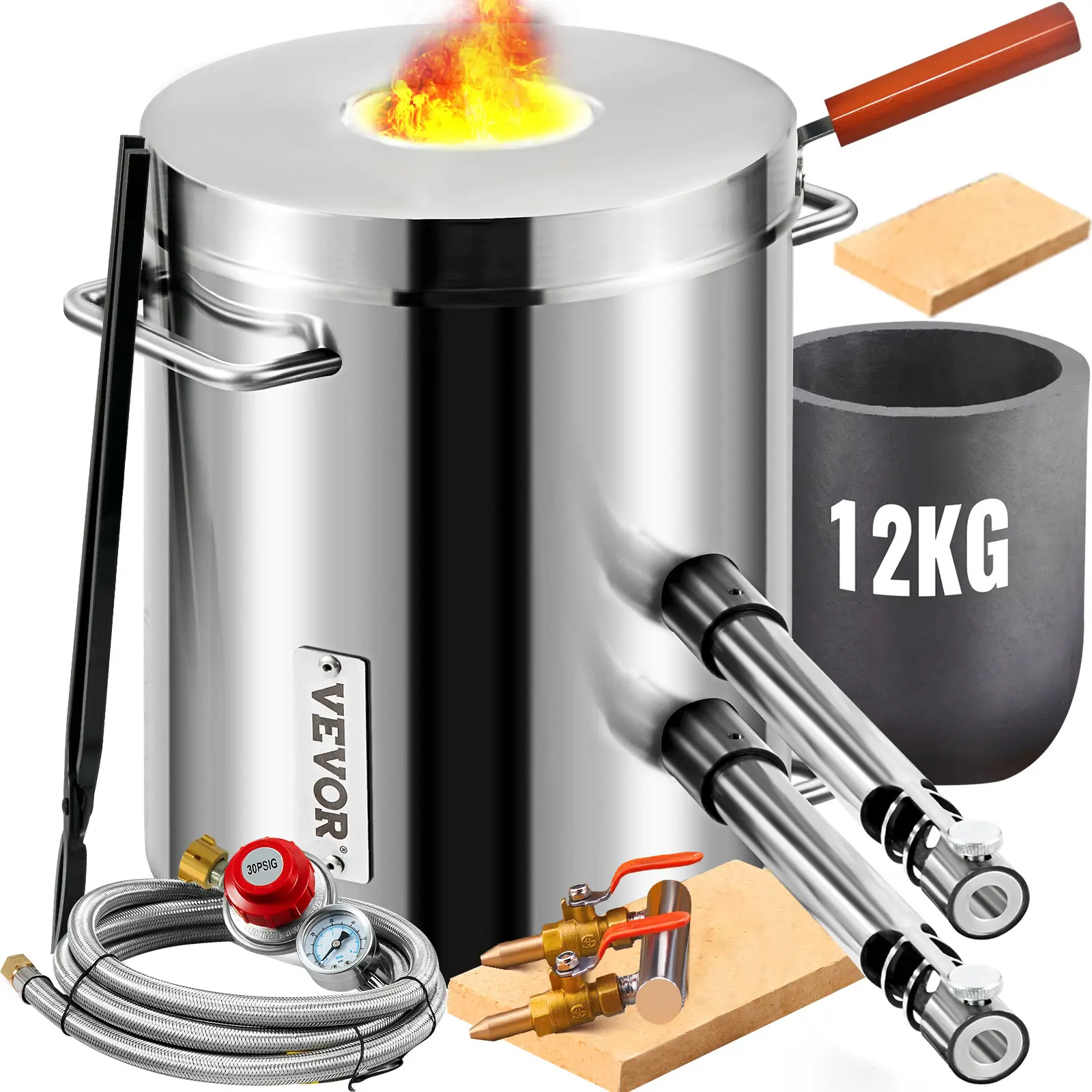 VEVOR Four fusion gaz capacité 12kg 1482℃, propane, 2 fonctions fusion/forgeage, 2 brûleurs, pour fondre or/recyclage.
