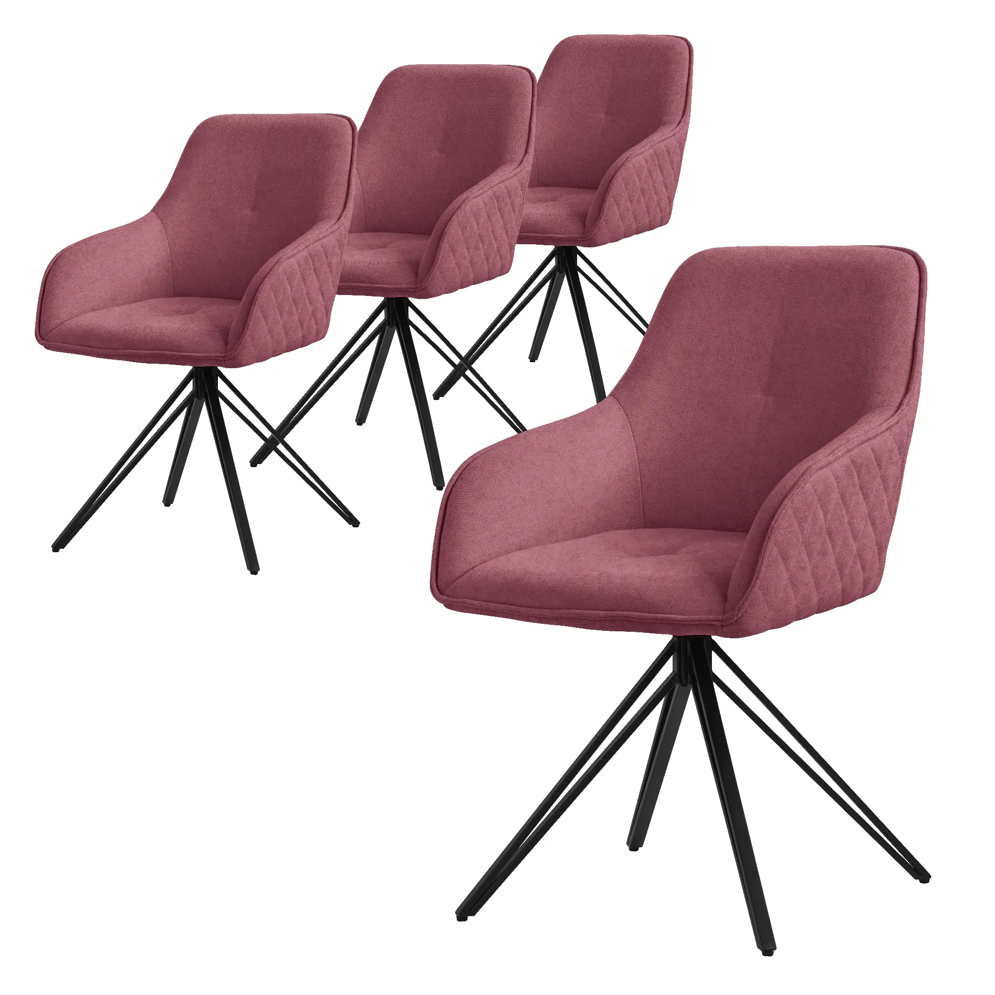 Lot de 4 chaises de salle à manger vieux rose pivotante avec dossier et accoudoirs ergonomiques revêtement en textile tissé piètement noir en métal