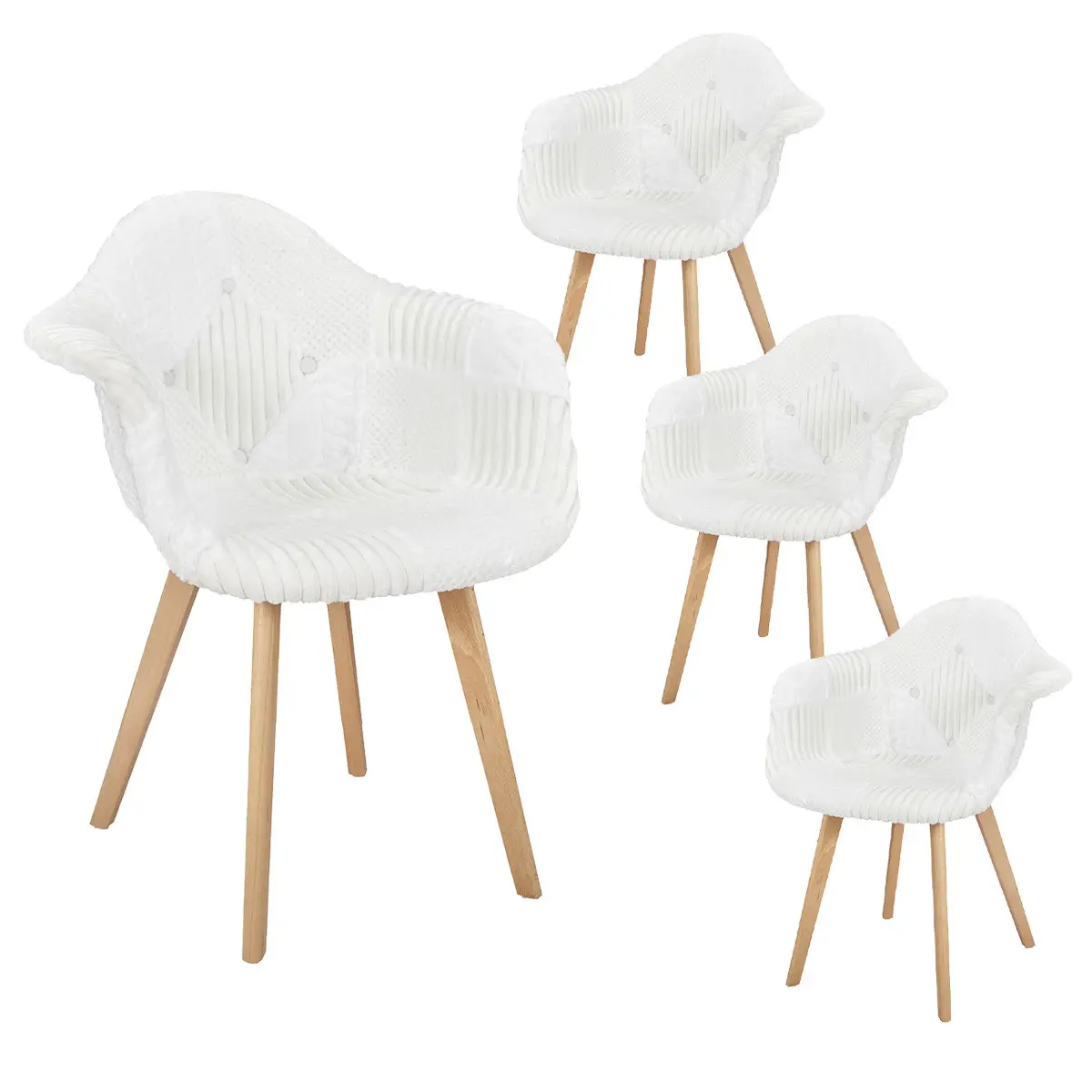 Lot de 4 Fauteuils Imitation Laine Motif Patchwork Blanc – ROHAN