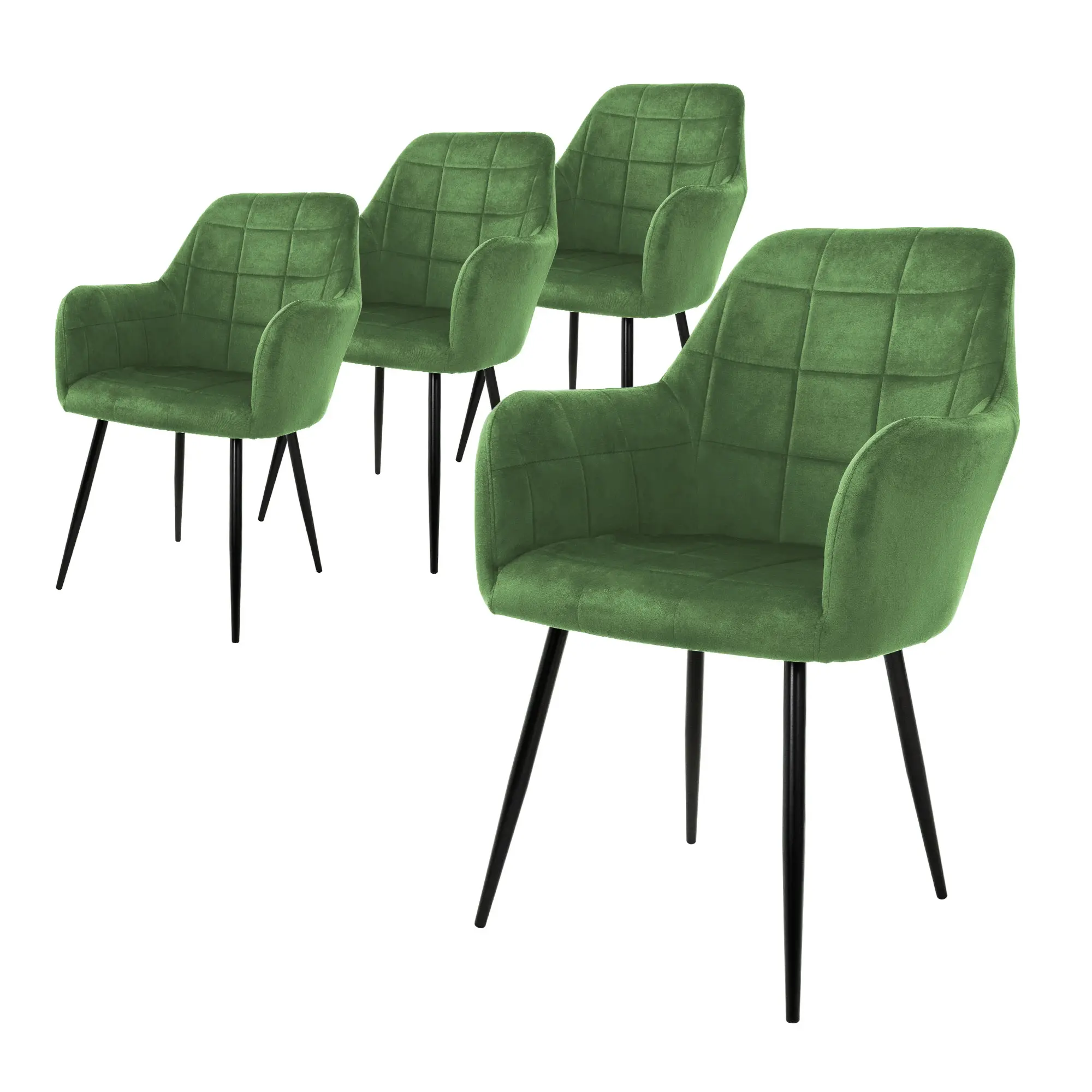 Lot de 4 chaises de salle à manger vert sauge assise dossier et accoudoirs ergonomiques revêtement en velours doux pieds noir en acier style moderne