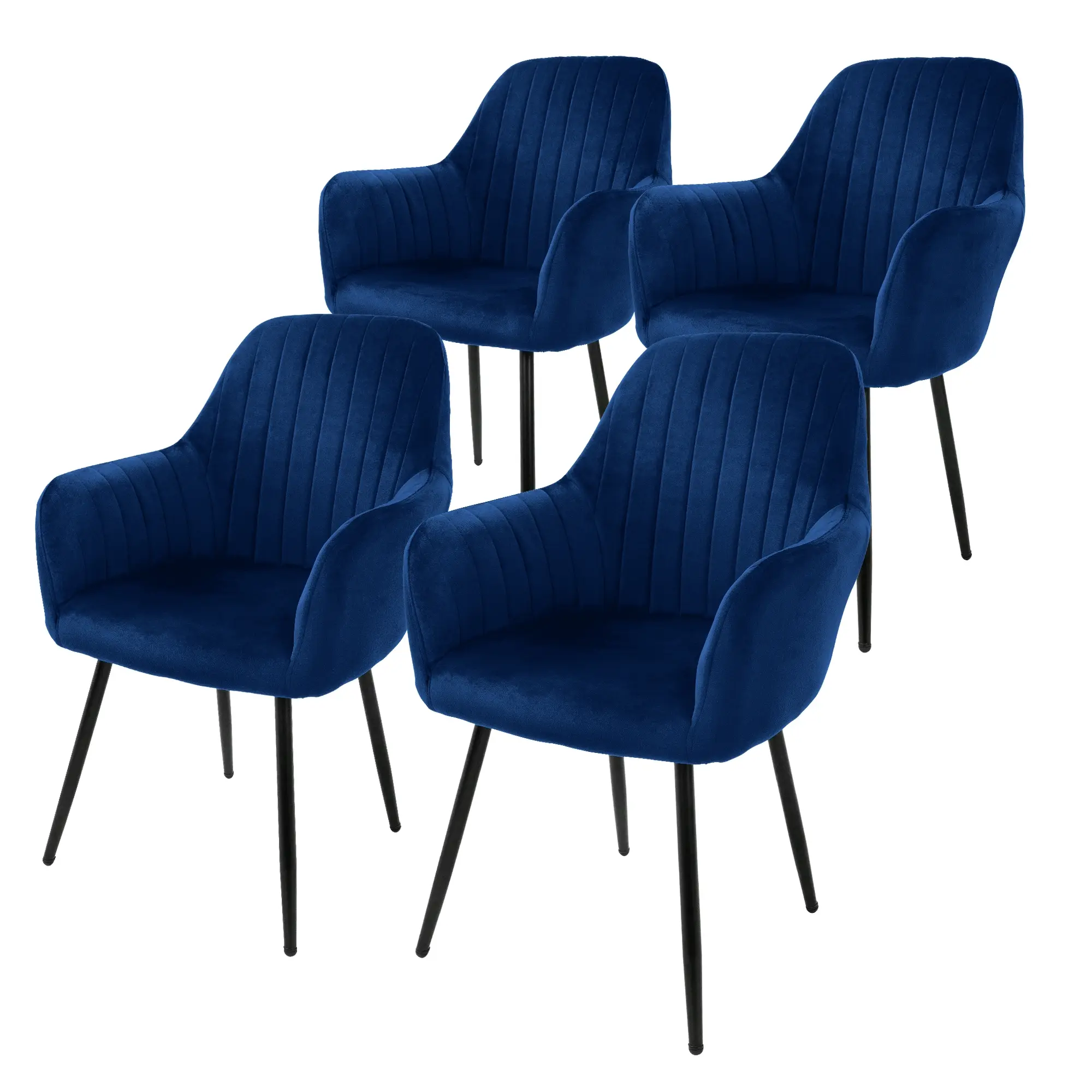 Lot de 4 chaises de salle à manger bleu dossier et accoudoirs ergonomiques revêtement en velours respirant piètement noir en acier design élégant