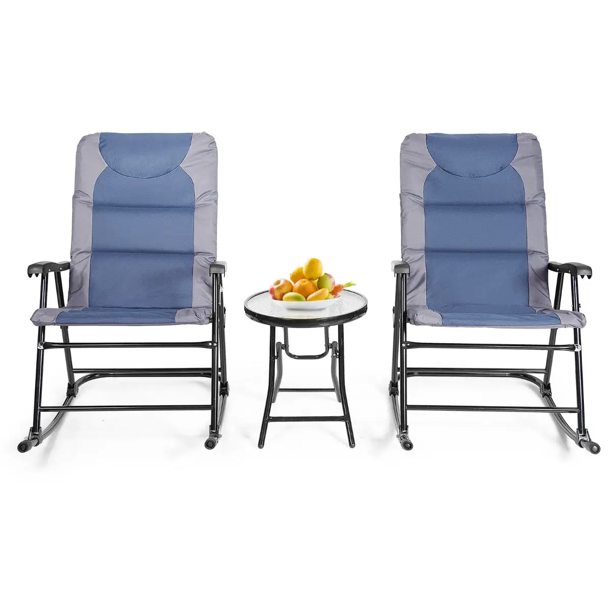 Lot de 3 pièces salon de jardin ensemble pliant 90 x 65 x 105 cm confort à bascule design moderne en acier bleu