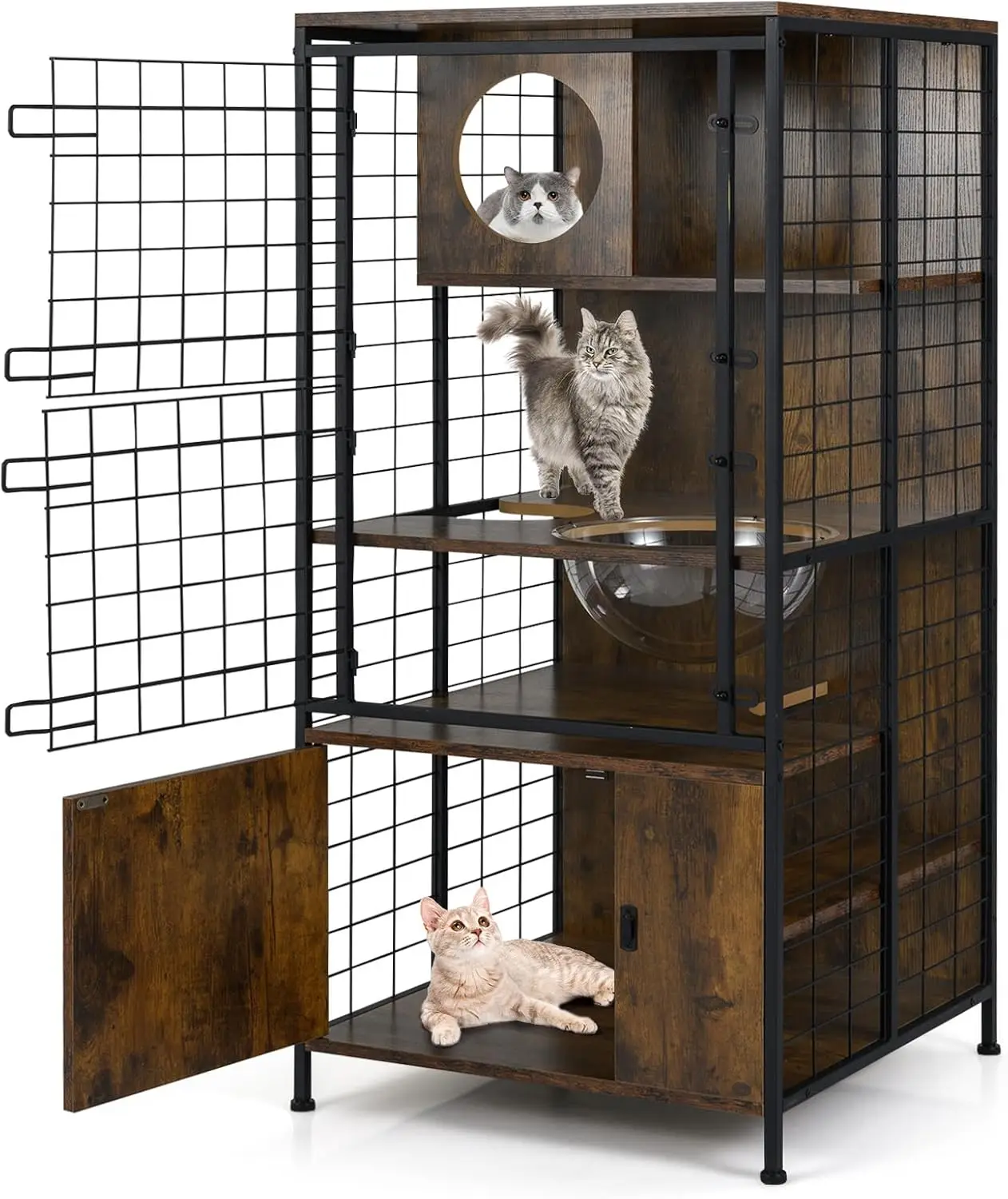Grand Cage Chat à 4 Niveaux, Enclos pour Chats en Fil, 3 Plateformes, Capsule, Meuble de Rangement Bas, Portes Verrouillable, Patins Réglables, pour L