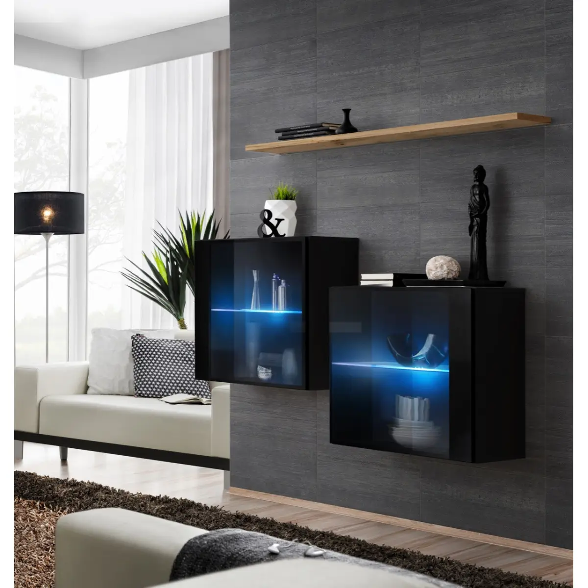 Lot de 2 Vitrines Murales & Étagère «Switch SBIII» 130cm Noir & Naturel