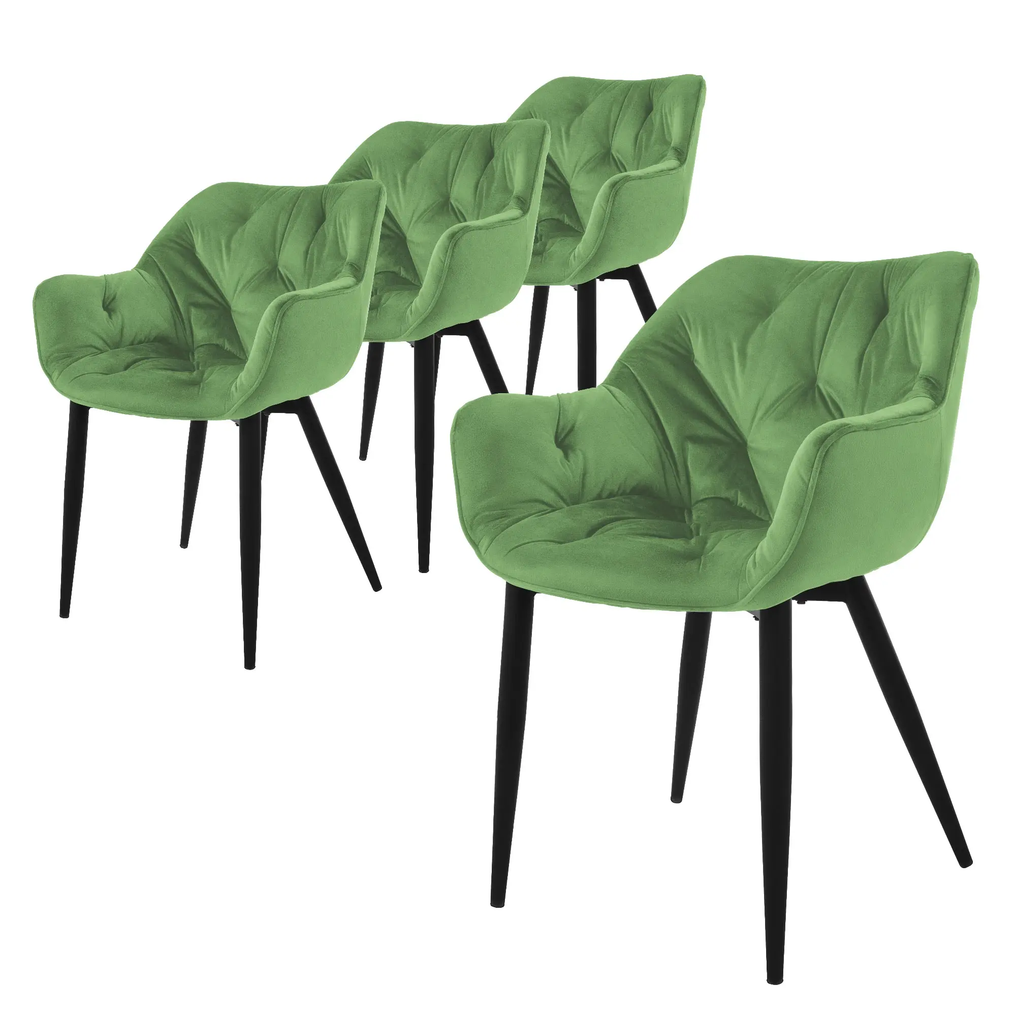 Lot de 4 chaises de salle à manger vert sauge dossier et accoudoirs ergonomiques revêtement en velours doux piètement noir en métal design moderne