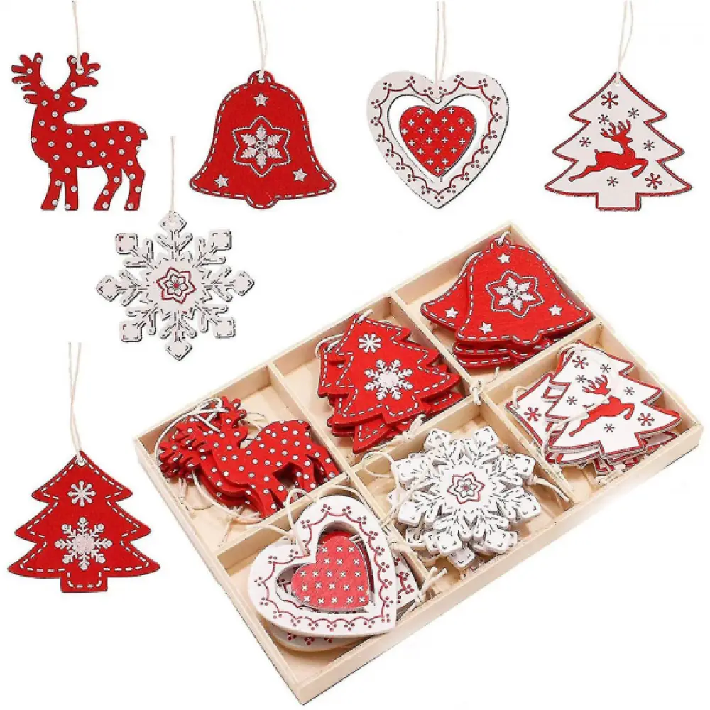 Lot de 24 pendentifs en bois pour sapin de Noël avec boîte en bois