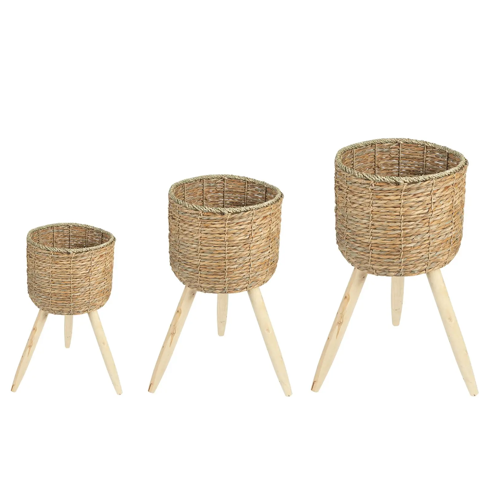 Lot de 3 cache-pots sur pieds NAPARI en jonc de mer naturel – 28 x 56, 25 x 46, 20 x 36 cm (L x H)