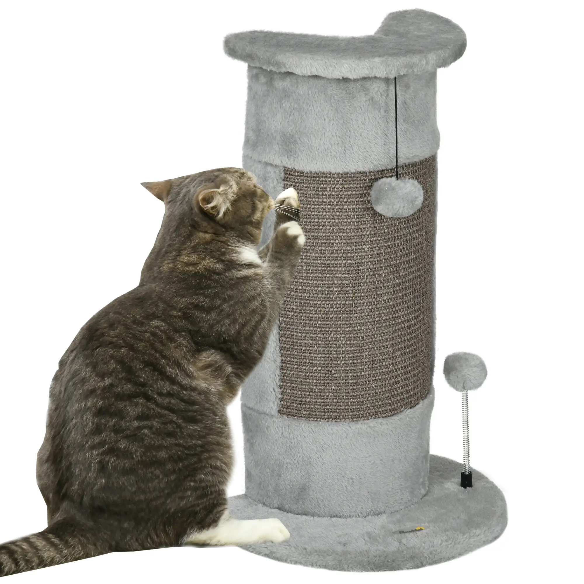 Griffoir grattoir poteau angle 58H cm design jeu boule suspendue + boule sur ressort peluche jute naturelle gris