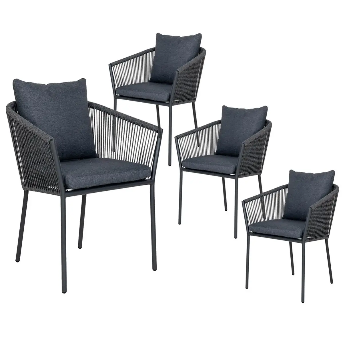 Lot de 4 Fauteuils de Jardin en Aluminium Noir Corde et Coussins Anthracite – KARRIGE