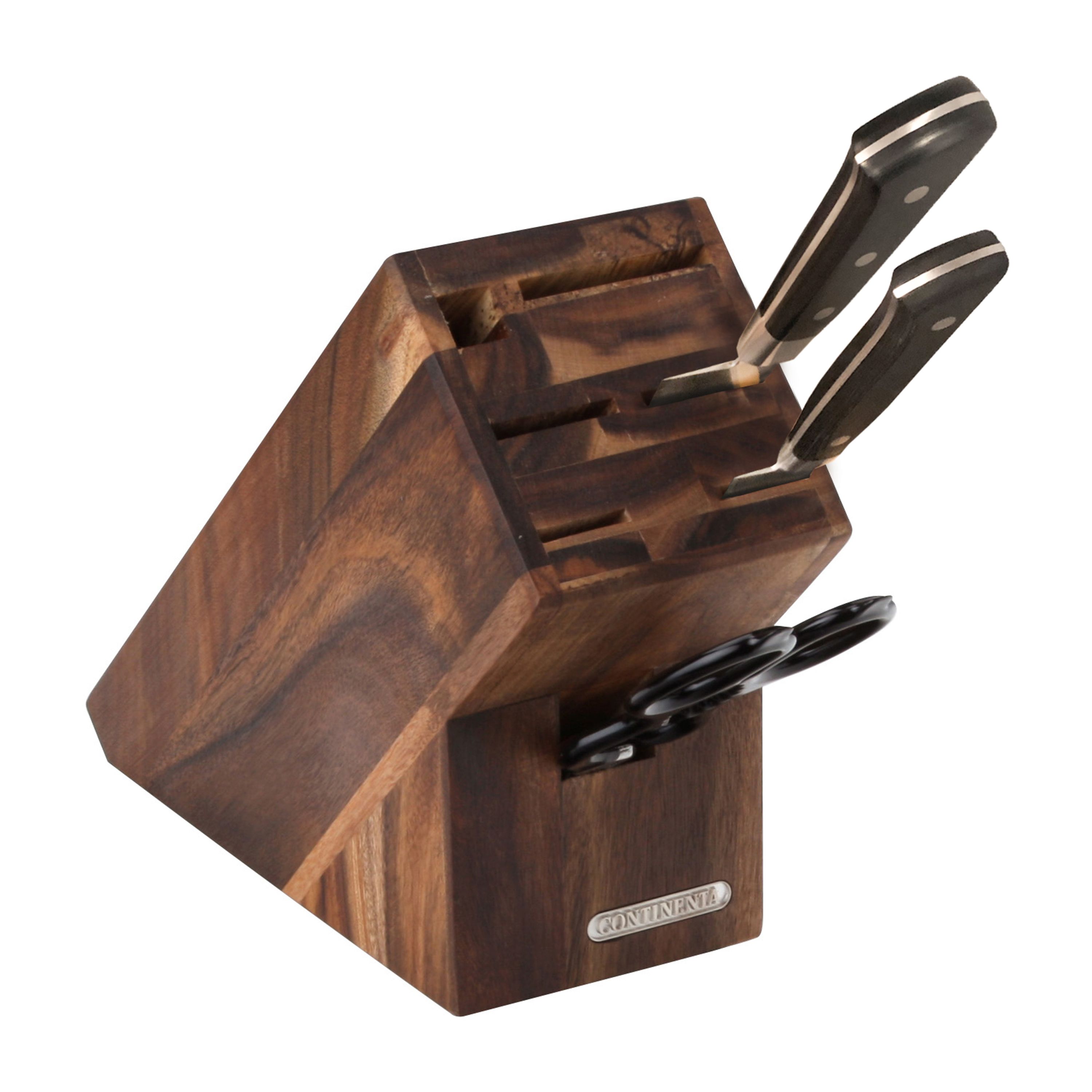 Bloque de cuchillos acacia para 5 cuchillos, afilador y tijeras.j2{font-size:18px}9,5×22 cm