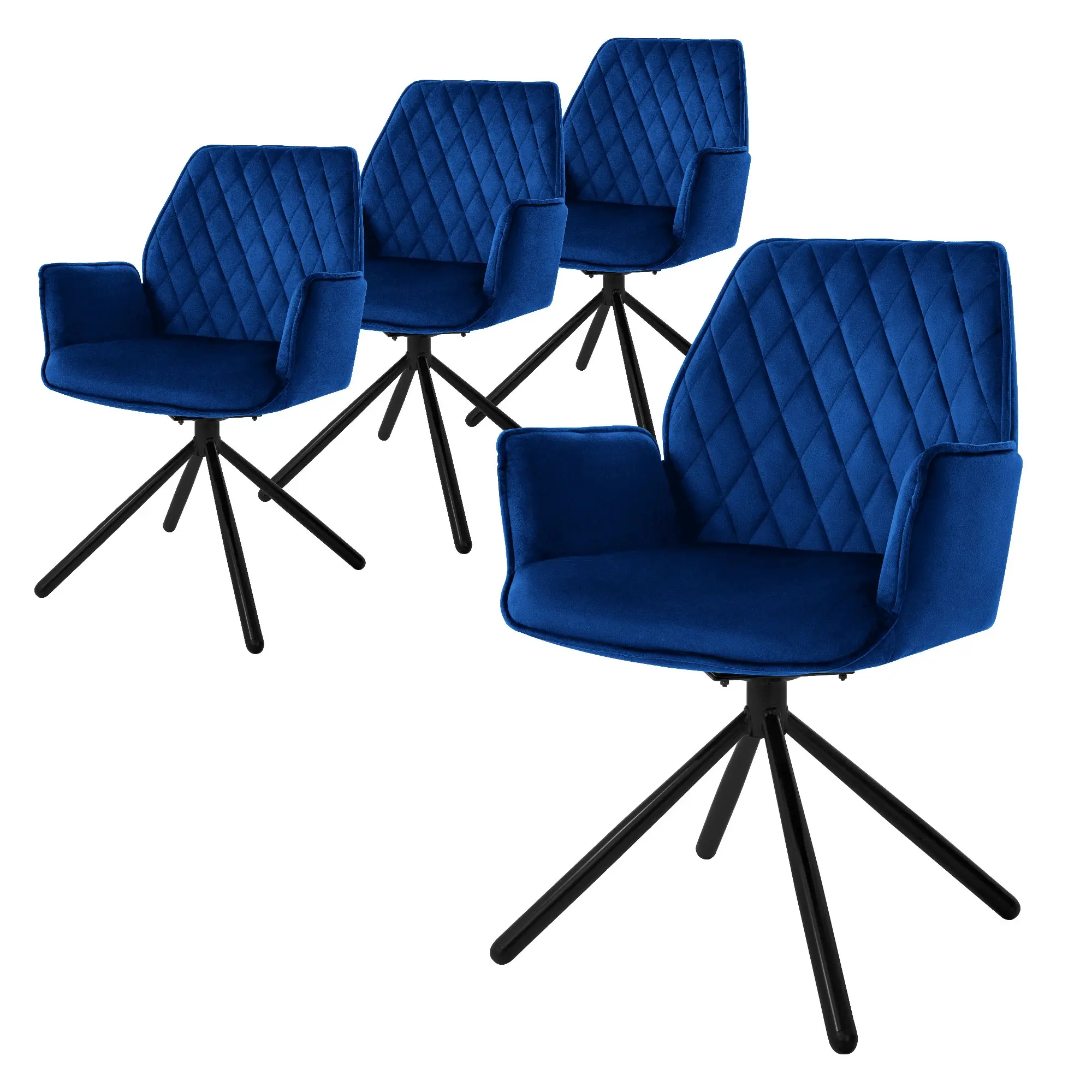 Lot de 4 chaises de salle à manger bleu foncé pivotante avec dossier et accoudoirs ergonomiques revêtement en velours doux structure noir en métal