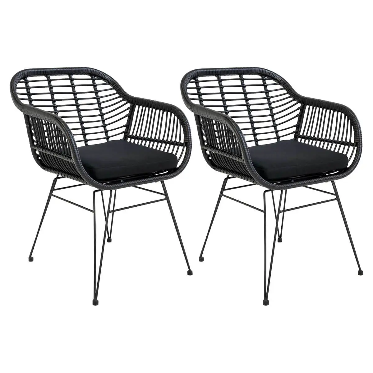 Lot de 2 Fauteuils Rotin Synthétique Noir et Pieds Acier – PILA