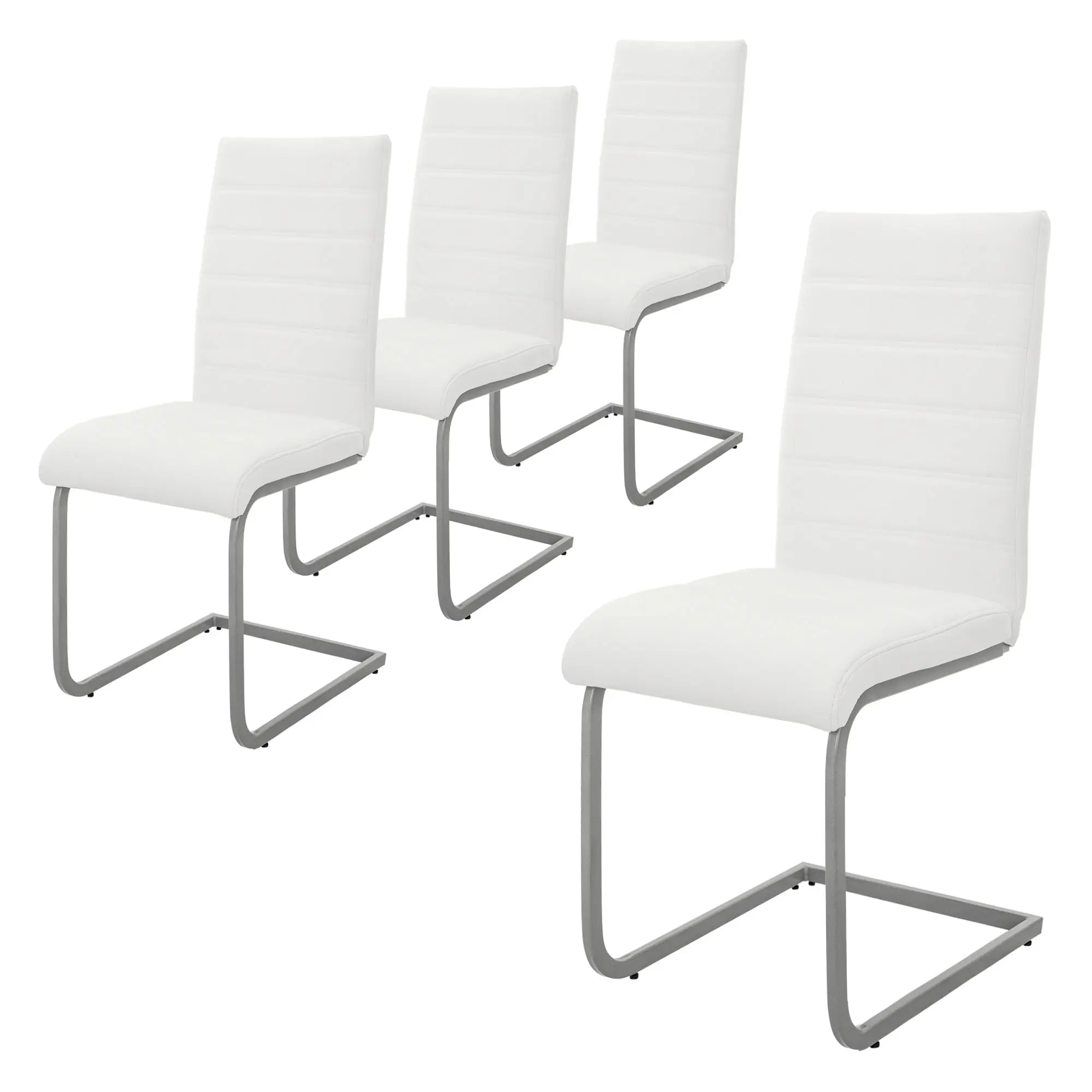Lot de 4 chaises de salle à manger blanc cantilever à piétement métallique luge argenté assise rembourrée en matériau synthétique patins inclus