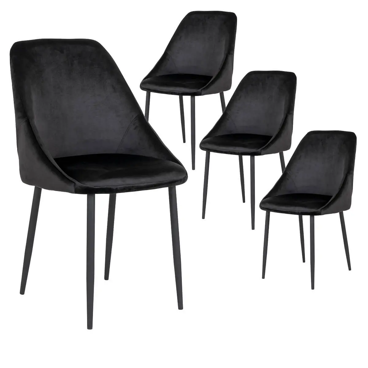 Lot de 4 Chaises Velours Noir et Pieds Acier – TINTO