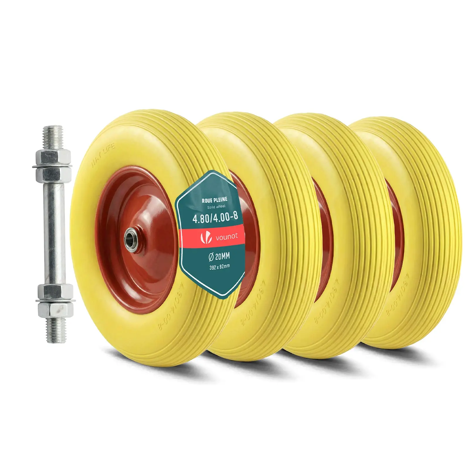 Lot de 4 Roue increvable 4.80/4.00-8 en PU pour brouette diable alesage 20mm 392×92 mm Jaune