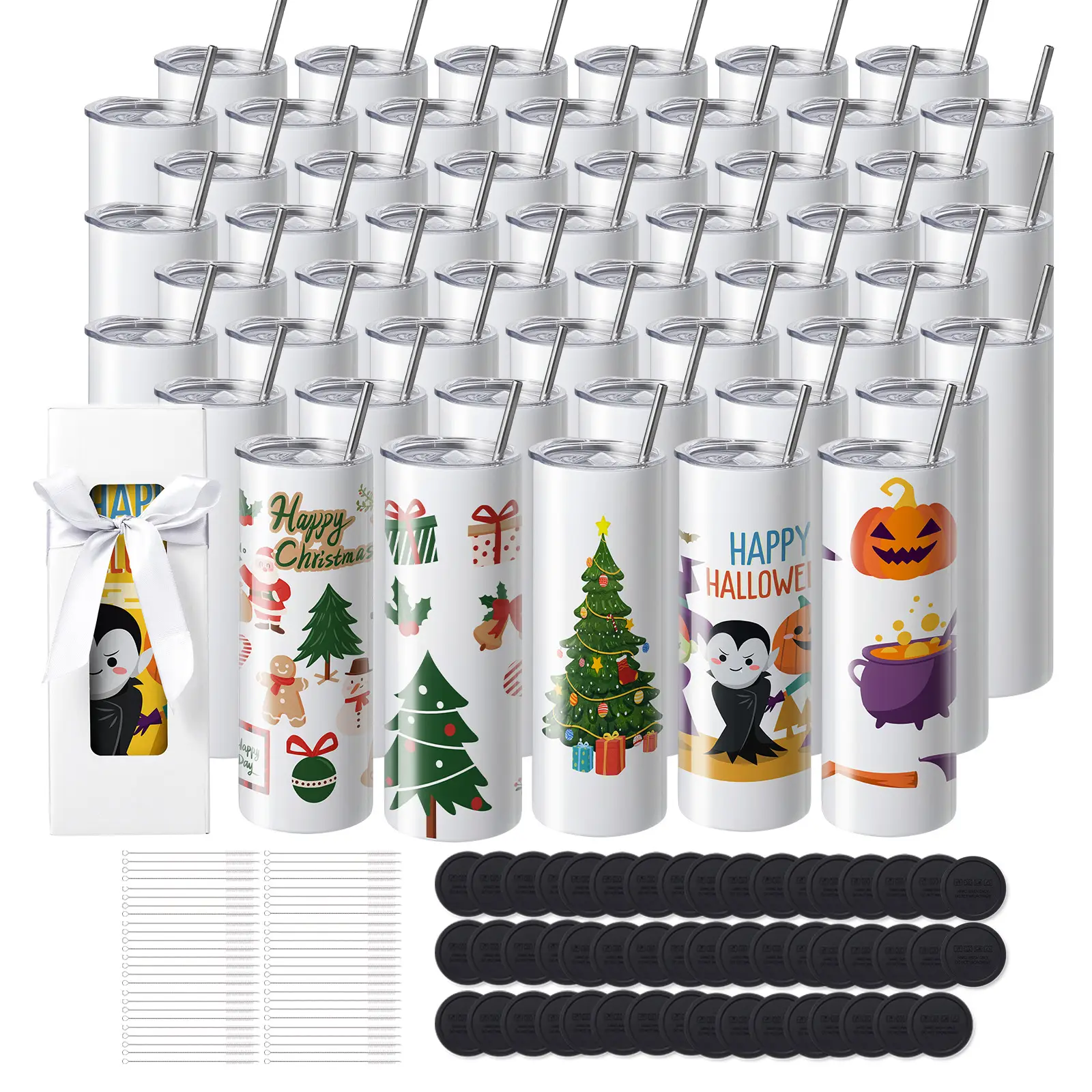 VEVOR Gobelets thermos sublimation 59cL (50pcs), inox double paroi, avec couvercle, paille, boîte cadeau.