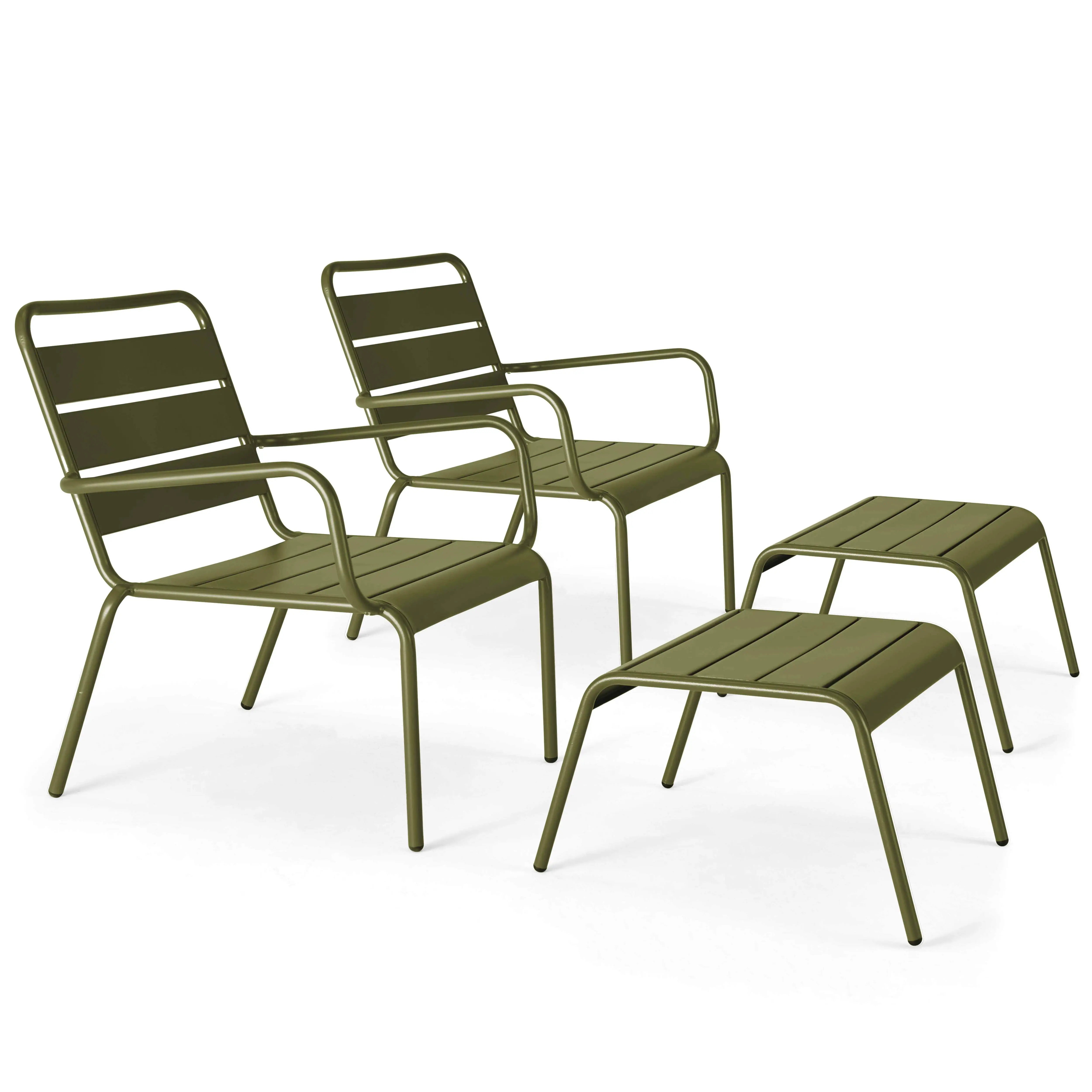 Lot de 2 fauteuils relax avec repose-pieds en métal Vert Kaki Palavas – Oviala
