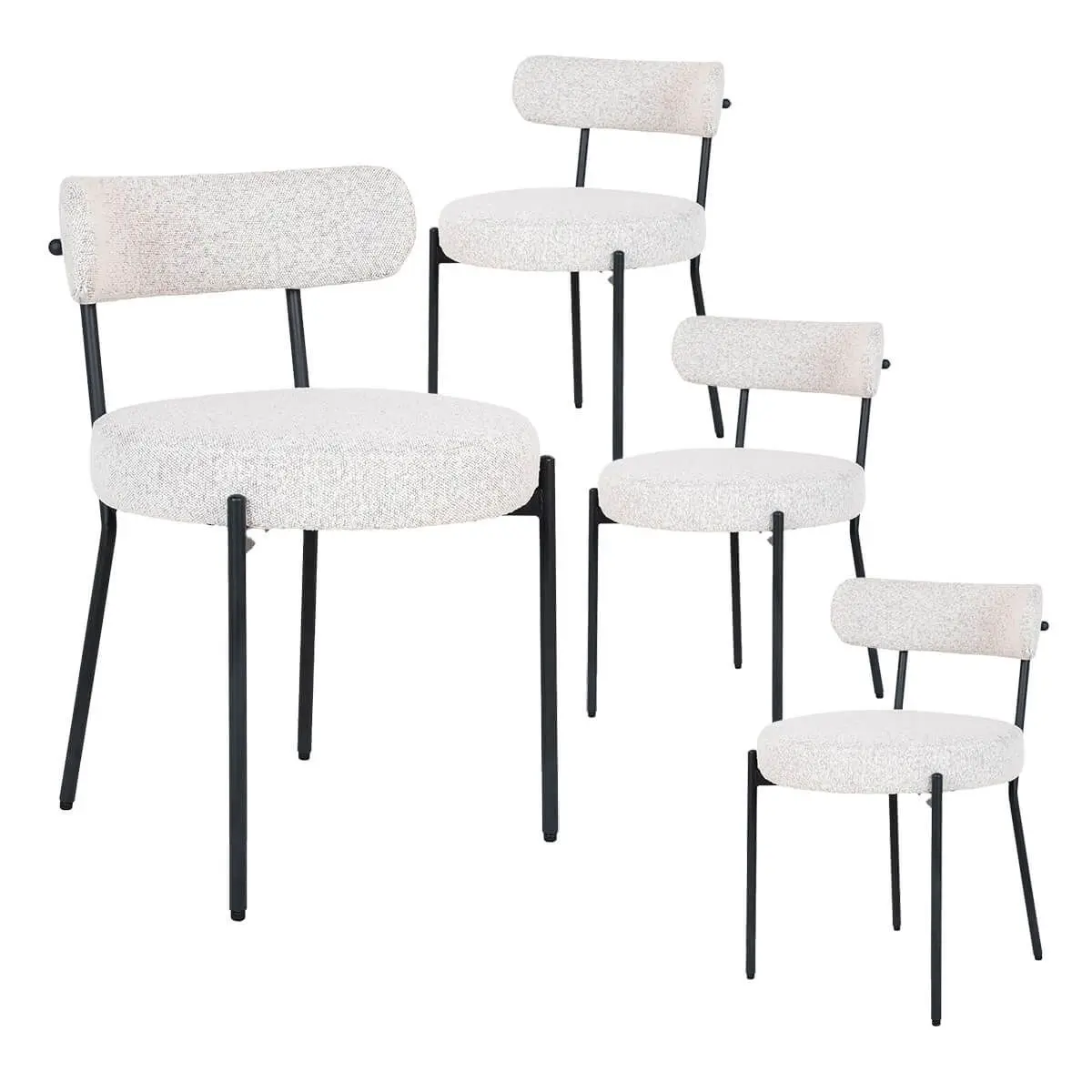 Lot de 4 Chaises Tissu Bouclé Blanc Chiné Dossier et Pieds Métal Noir – LOANA
