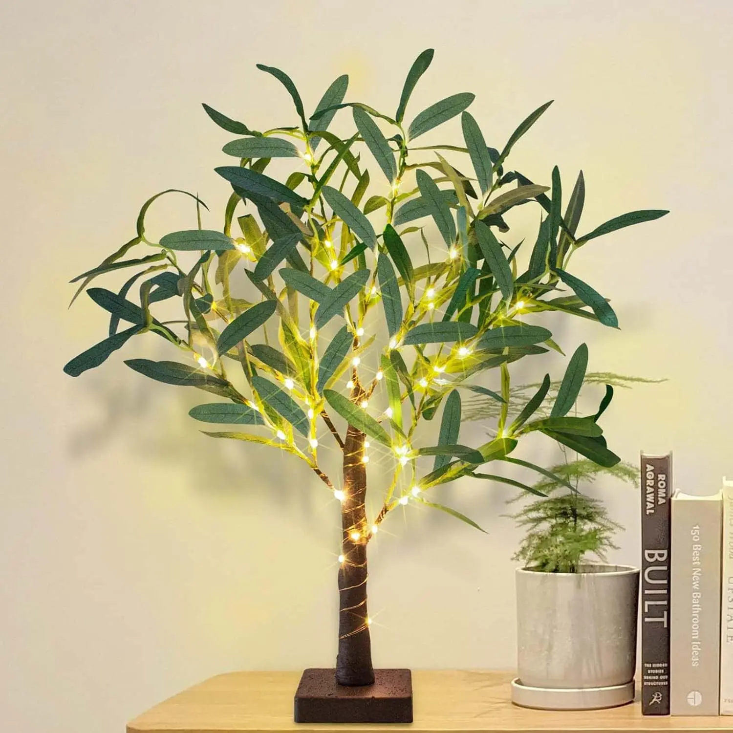 Lot de 2 petits arbres LED Olivier lumineux, 50 LED, alimentation USB ou batterie, décoration table et maison pour Noël et fêtes intérieures
