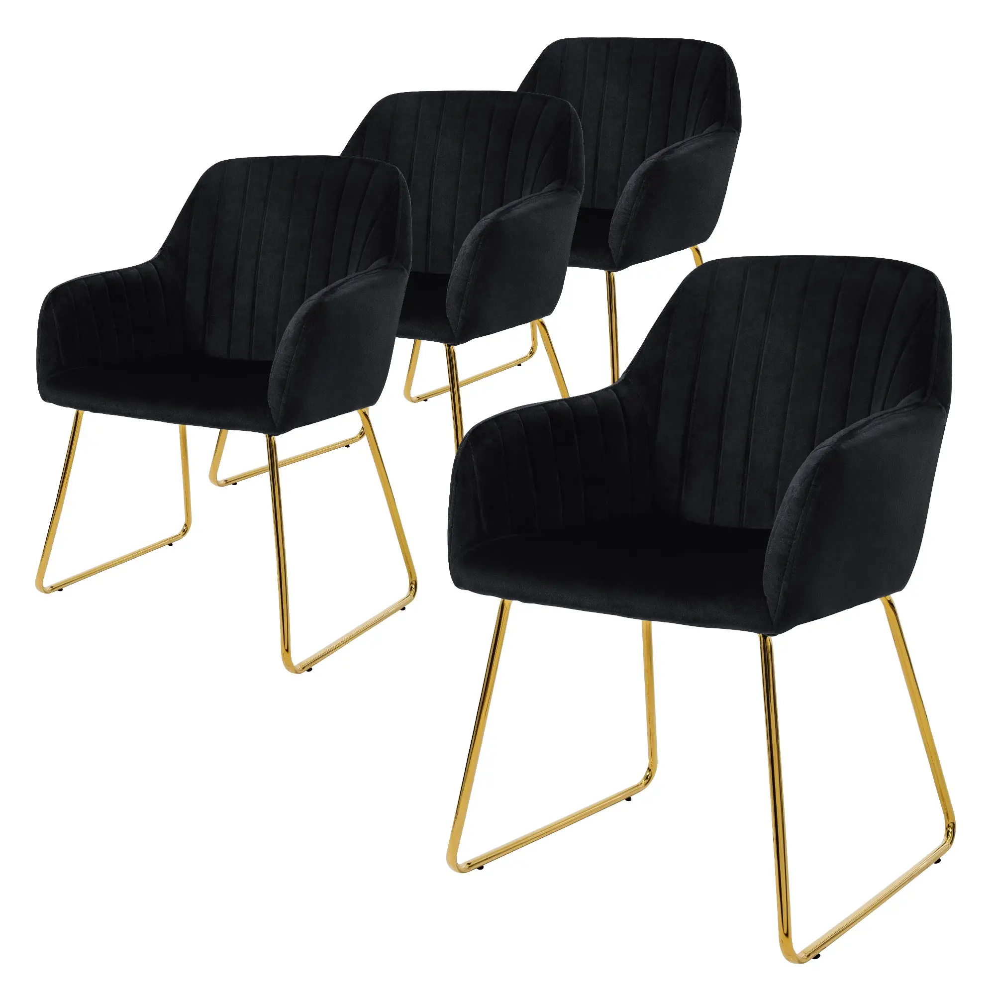 Lot de 4 chaises de salle à manger noir dossier et accoudoirs ergonomiques revêtement en velours respirant piètement doré en métal design élégant