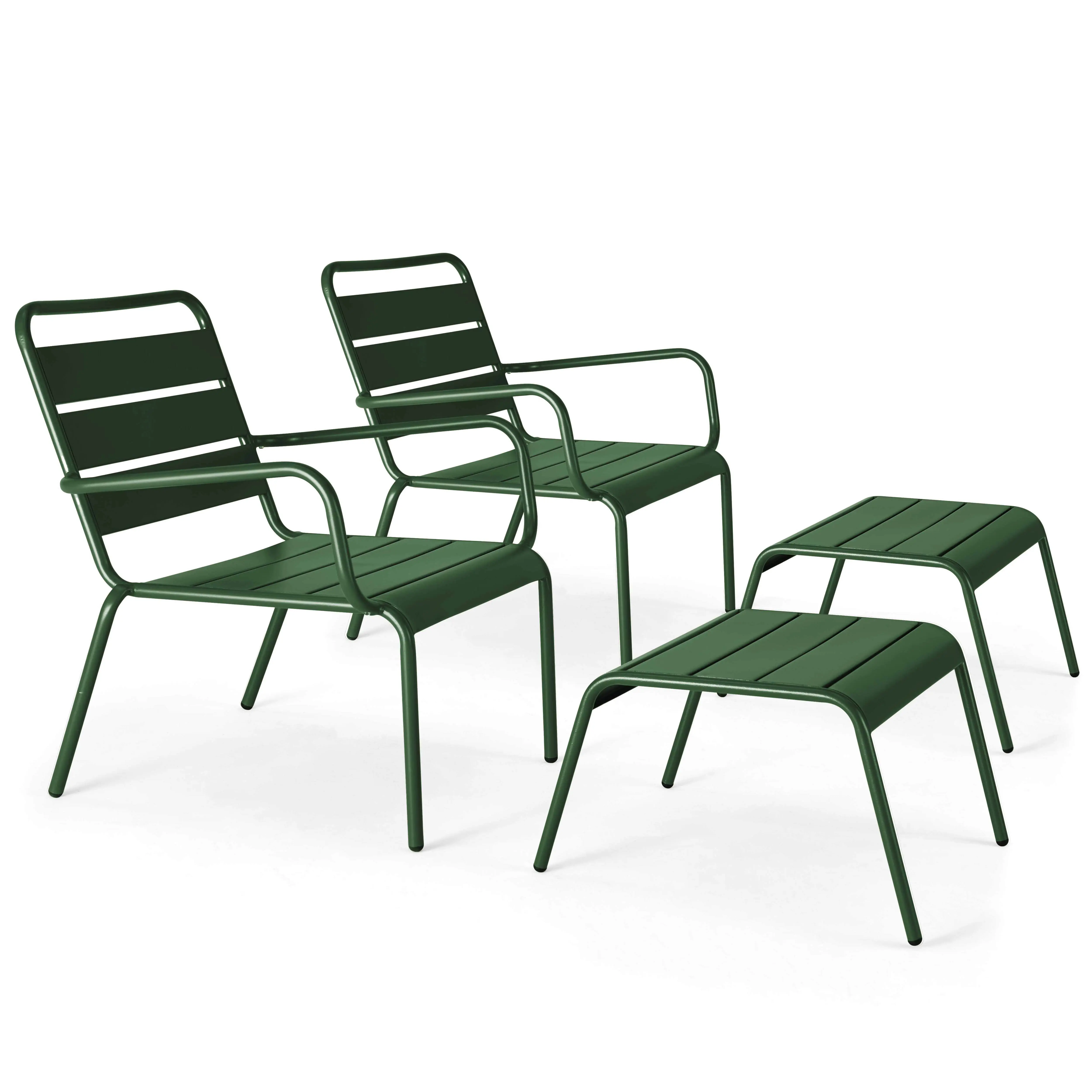Lot de 2 fauteuils relax avec repose-pieds en métal Vert forêt Palavas – Oviala