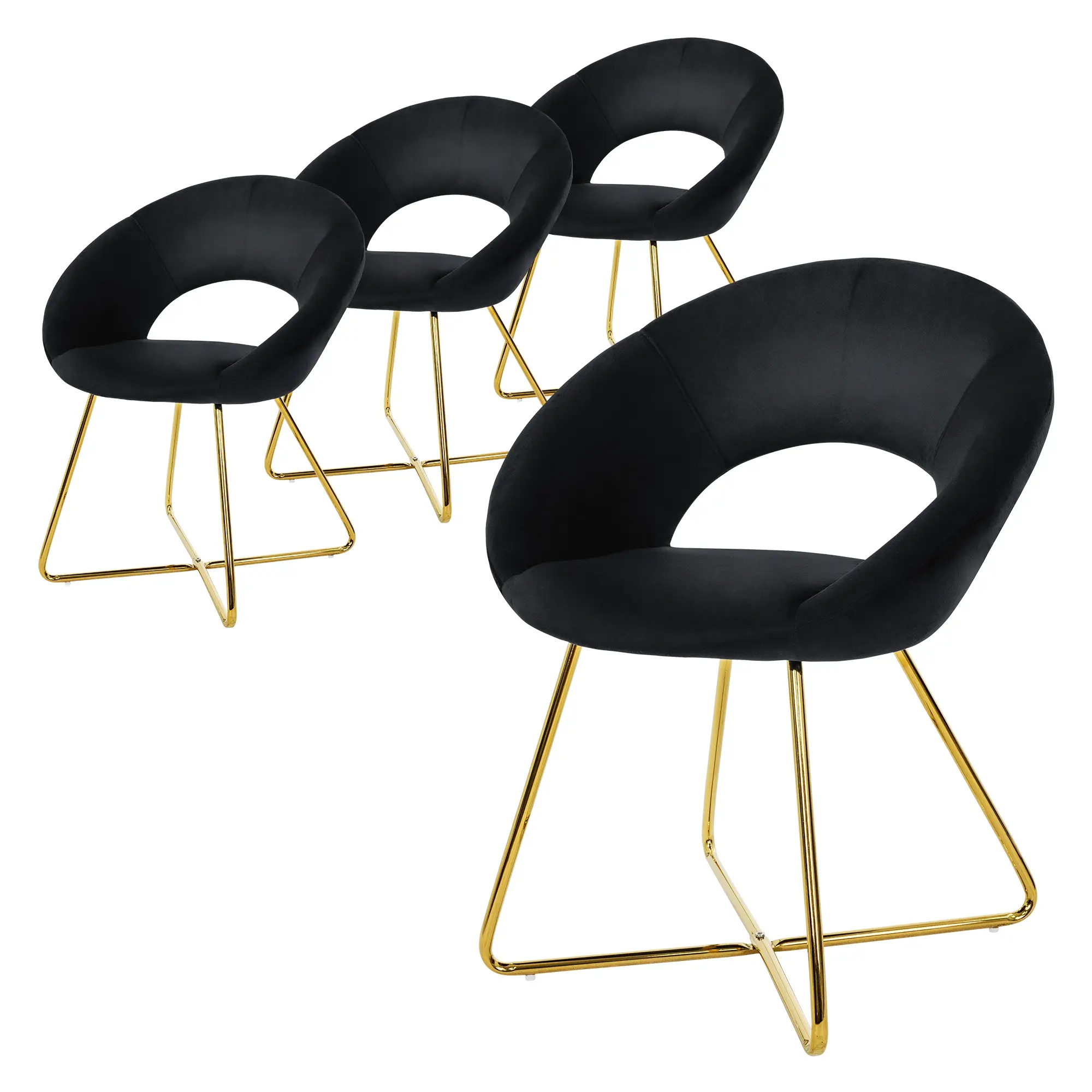 Lot de 4 chaises de salle à manger noir dossier en demi-coque arrondi assise ergonomique revêtement en velours piètement doré en métal design moderne