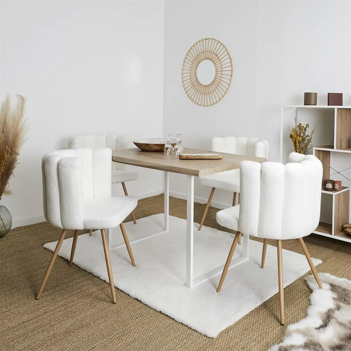 Lot de 4 Fauteuils Blanc Tissu Bouclettes – FJARD