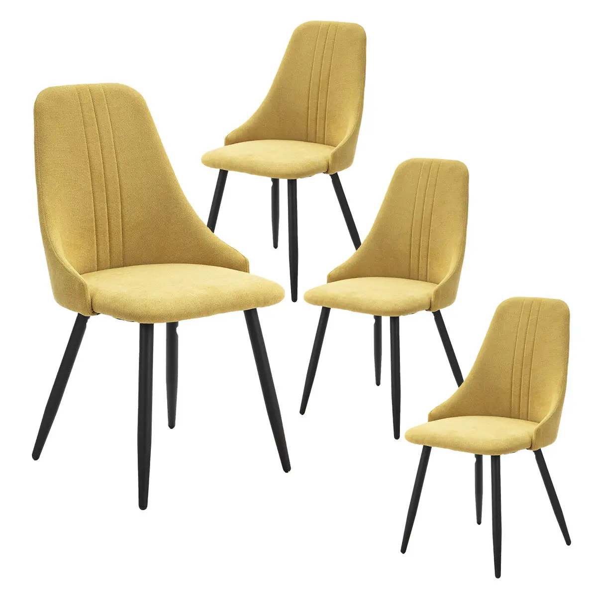 Lot de 4 Chaises Tissu Jaune 3 Lignes Surpiquées Pieds Métal Noir – MICAT