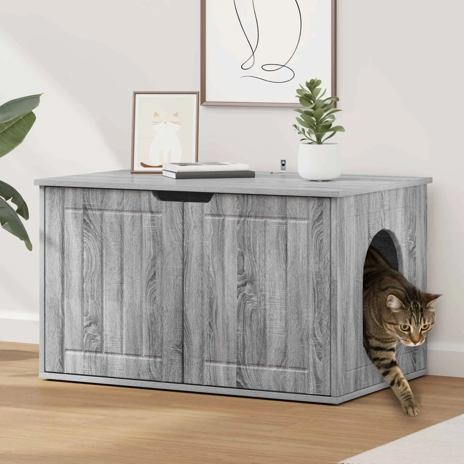 Grande niche pour chat d’intérieur Abri pour salon 85x55x50,5 cm Gris Sonoma