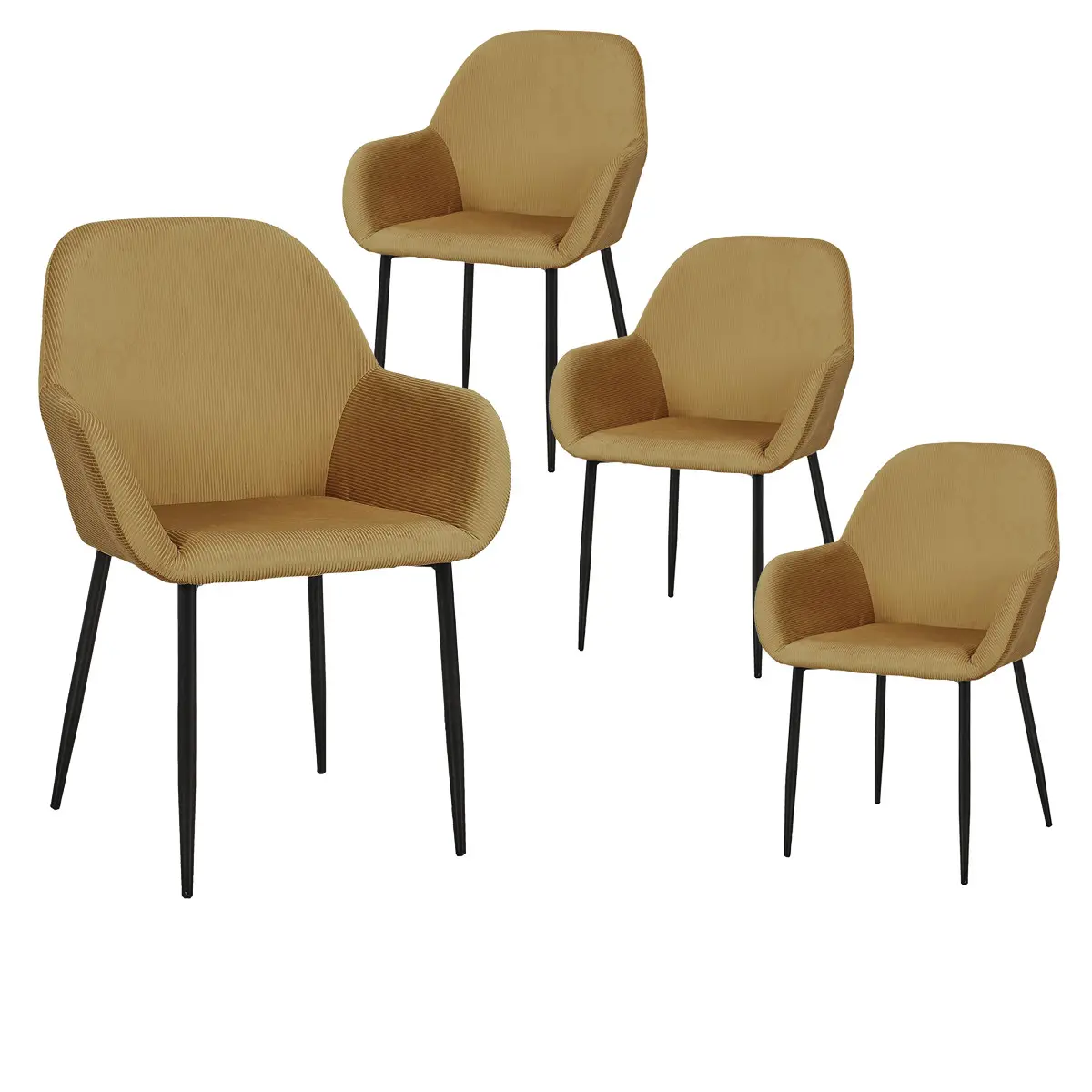 Lot de 4 Fauteuils Velours Côtelé Jaune Moutarde – ALESSIA