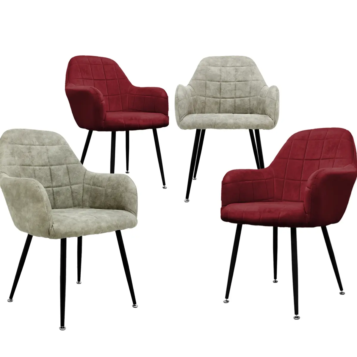 Lot de 4 chaises de salle à manger bordeaux/olive dossier et accoudoirs ergonomiques revêtement en velours doux/synthétique piètement noir en acier