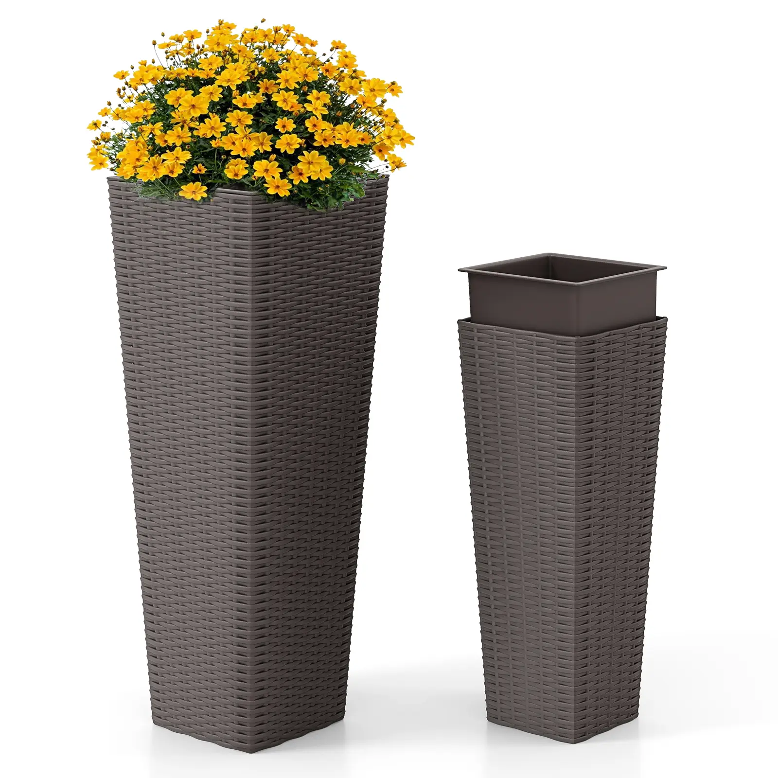 Lot de 2 Pots à Plantes en Rotin PP, Ensemble de Grands Jardinières d’Extérieur avec Bacs Intérieurs Amovibles Trous de Drainage, Marron