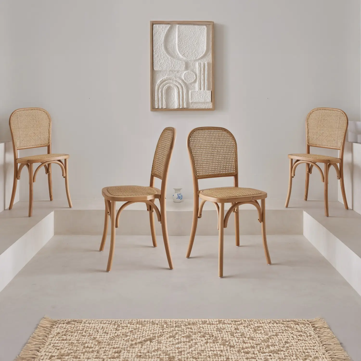 Lot de 4 chaises vintage en bois avec assise et dossier en rotin. coloris naturel. L 44.5 x P 48 x H 89.5cm | sweeek