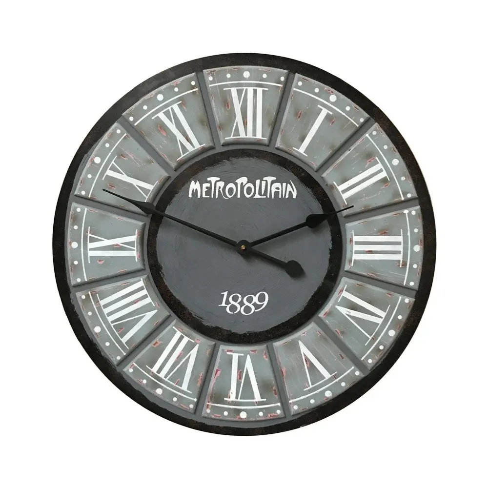 ~ Grande horloge murale décorative vintage salon bois gris noir 60cm Chemin de campagne